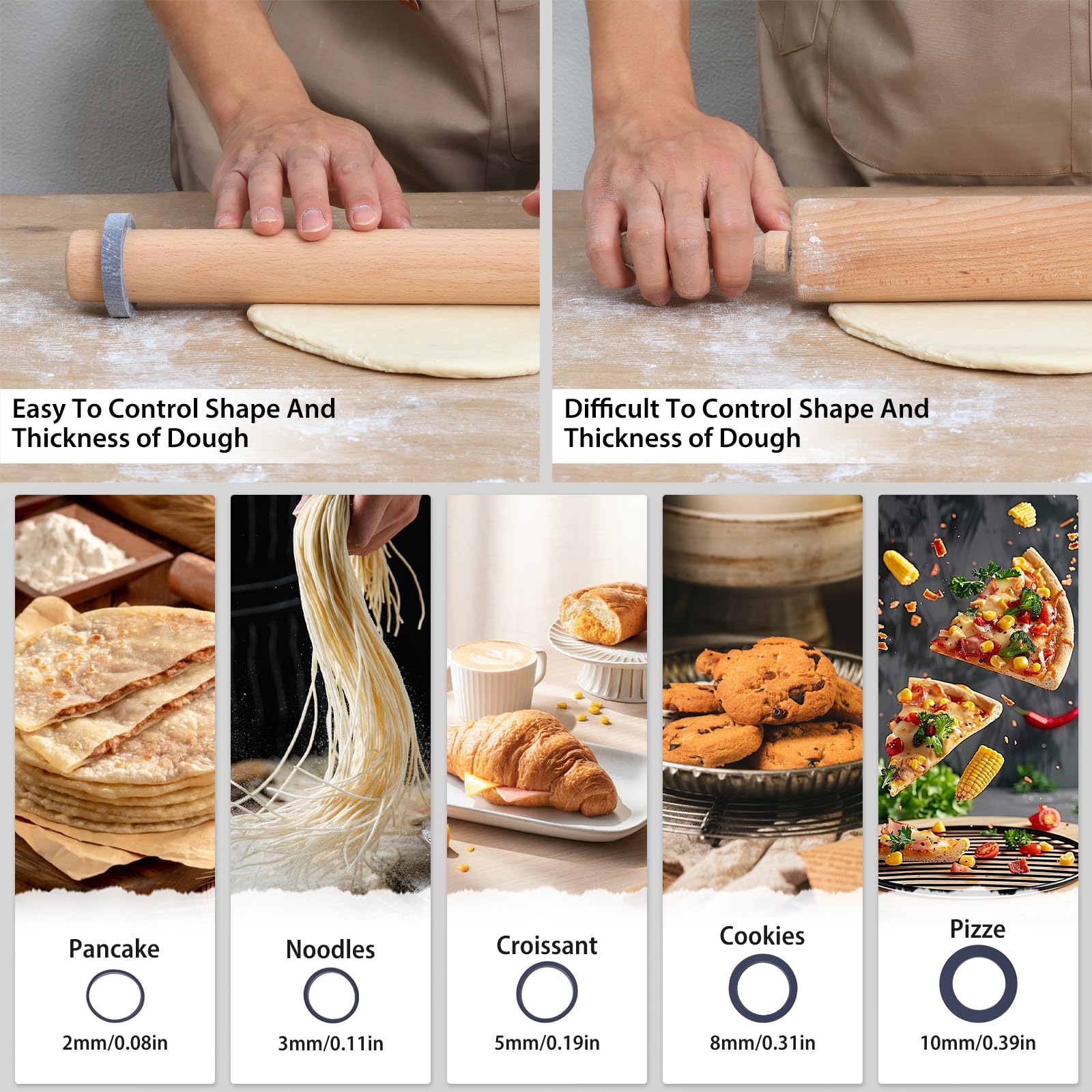 Adjustable 17.5 Inches Wood Rolling Pin With Thickness Rings For Baking -Non Stick Wooden Dough Roller Pin With Spacer Bands For