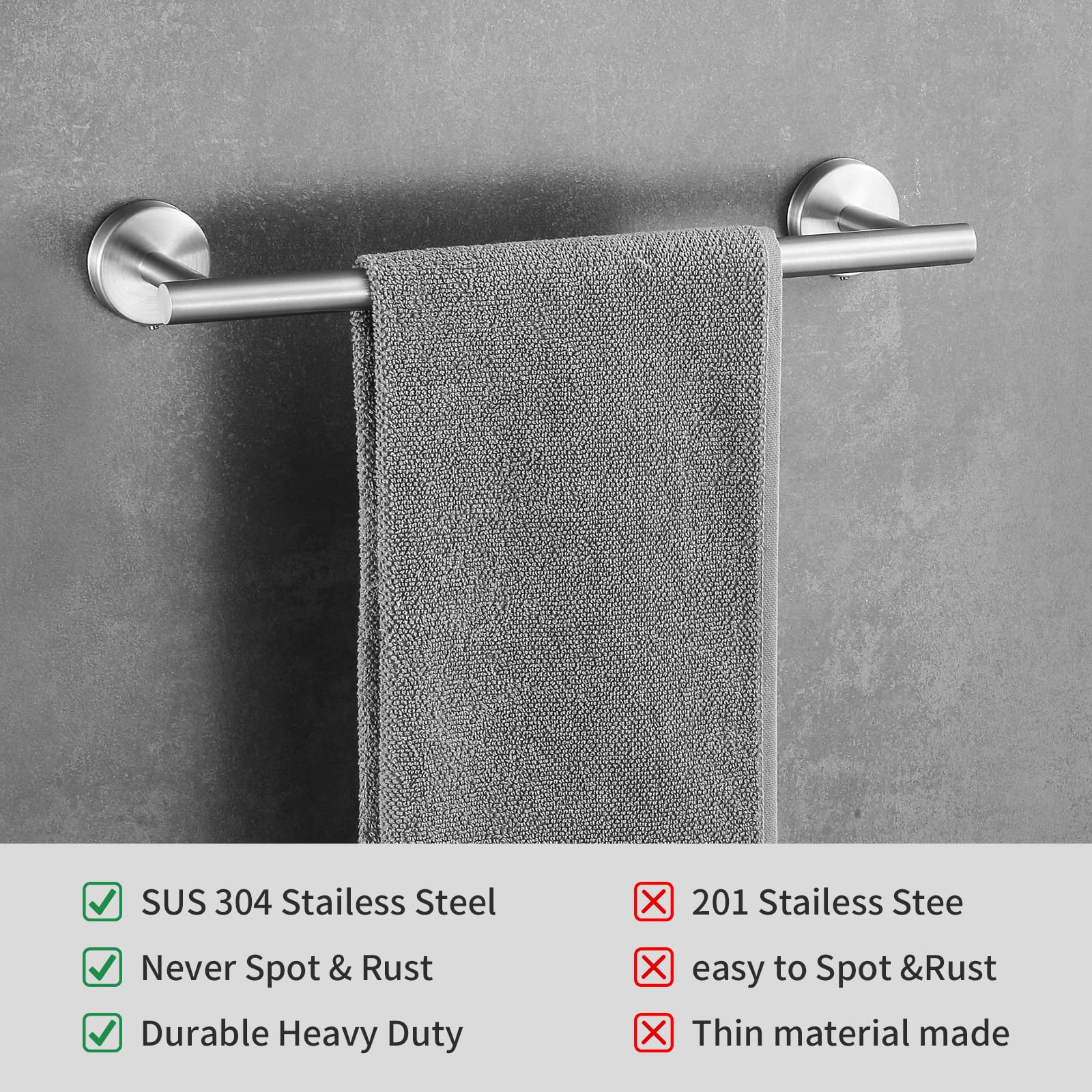 Hinmood Bathroom Hardware Set 10 Pieces, Stainless Steel Towel Bar Set Includes 2 Packs 16 Inch Towel Bar, 4 Packs Towel Hook, 2