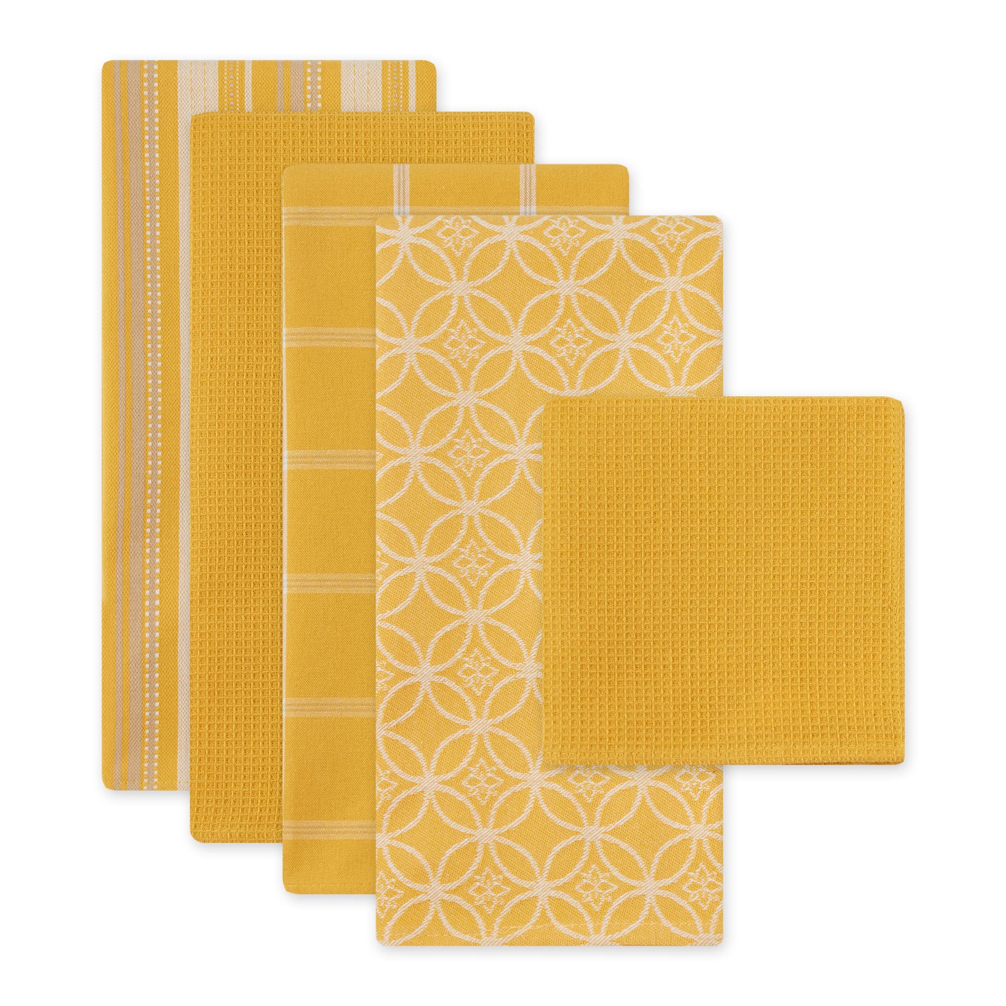 Dii Assorted Woven Kitchen Set, Dishtowel, 18X28, Dishcloth, 13X13, Mustard, 5 Piece