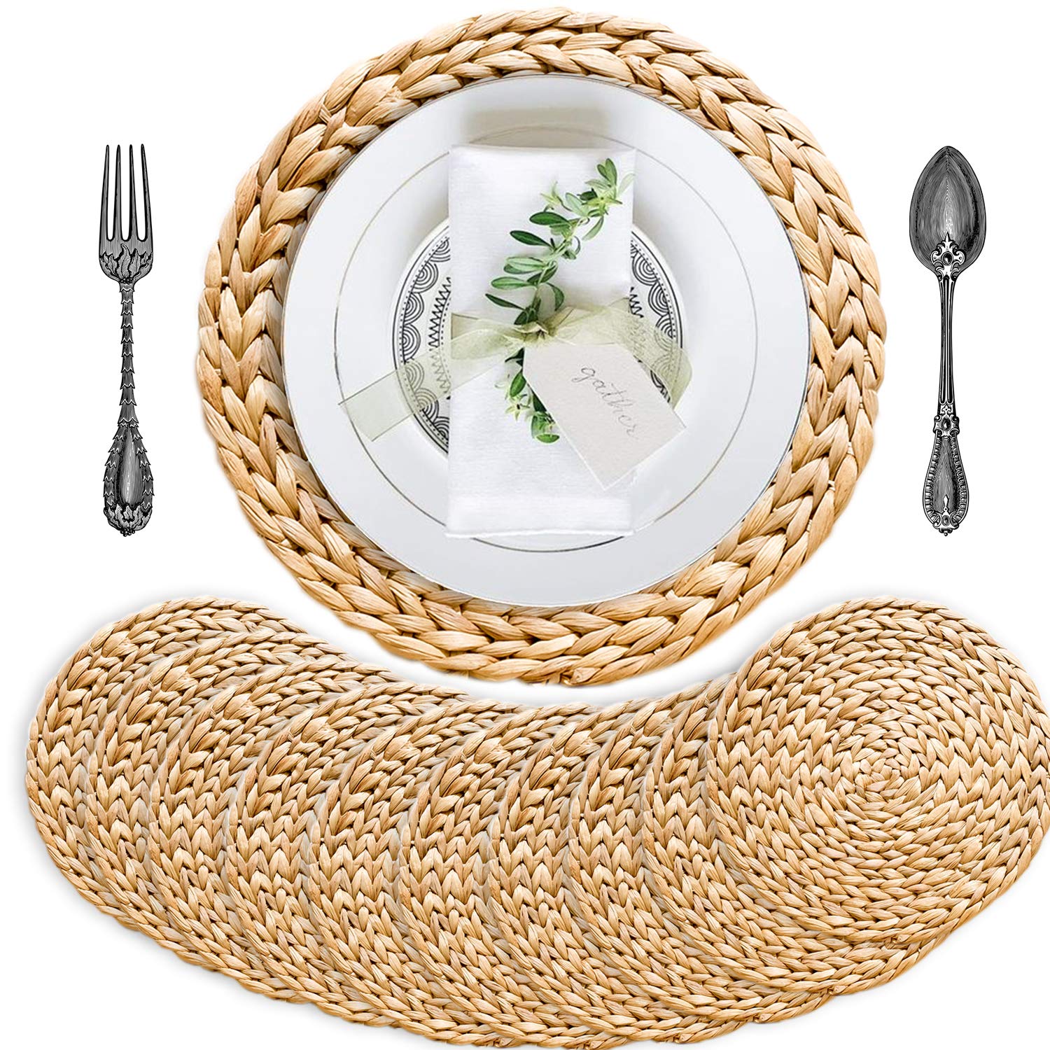 Boho Placemats Set Of 10, Round Placemats For Dining Table, Water Hyacinth Wicker Placemats, Straw Placemats, Round Woven Placem