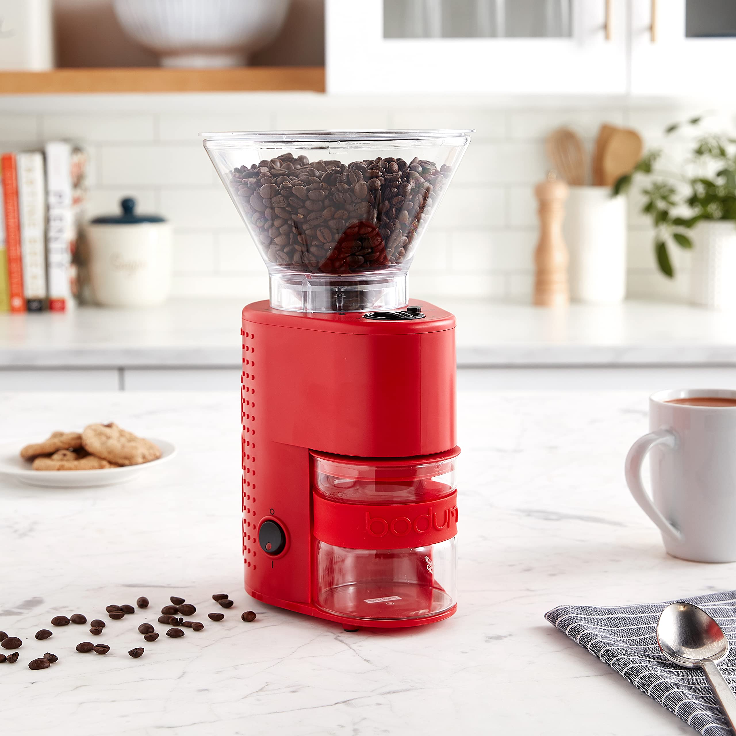 Bodum Bistro Electric Conical Burr Coffee Grinder, Preset Timer, 12 Grind Settings, Red