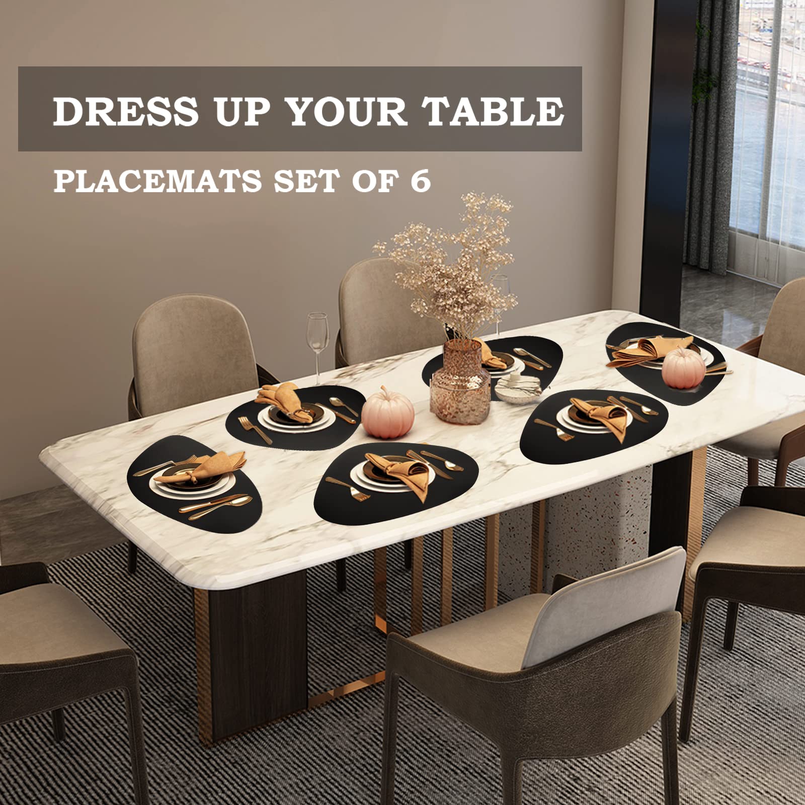 Placemats Set Of 6, Faux Leather Placemats With Coasters, Black Placemats, Heat Stain Scratch Resistant Waterproof Oil-Proof Was