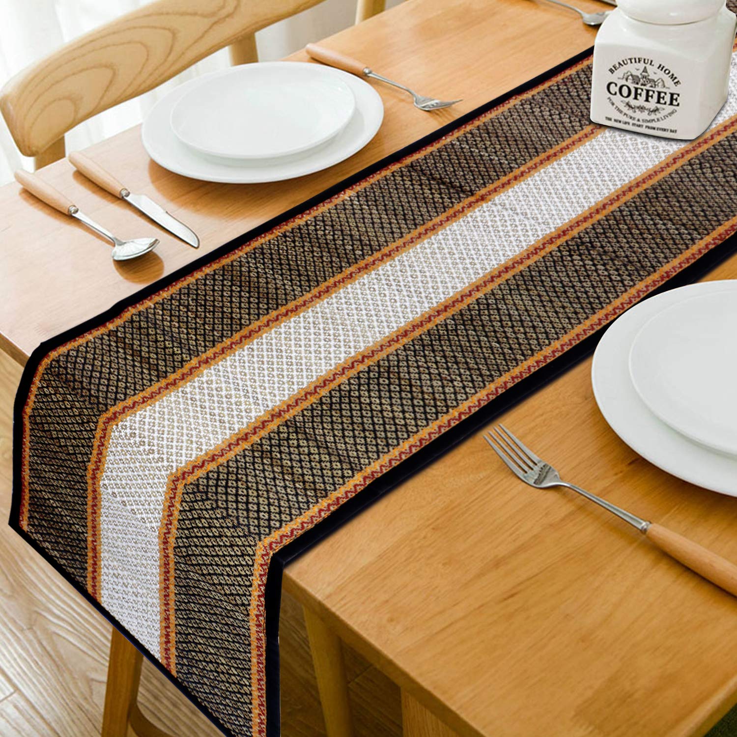 HOKIPO  Natural Handcrafted Madurkathi Dining Table Runner (Black, 12x72 Inches) 6 Seater