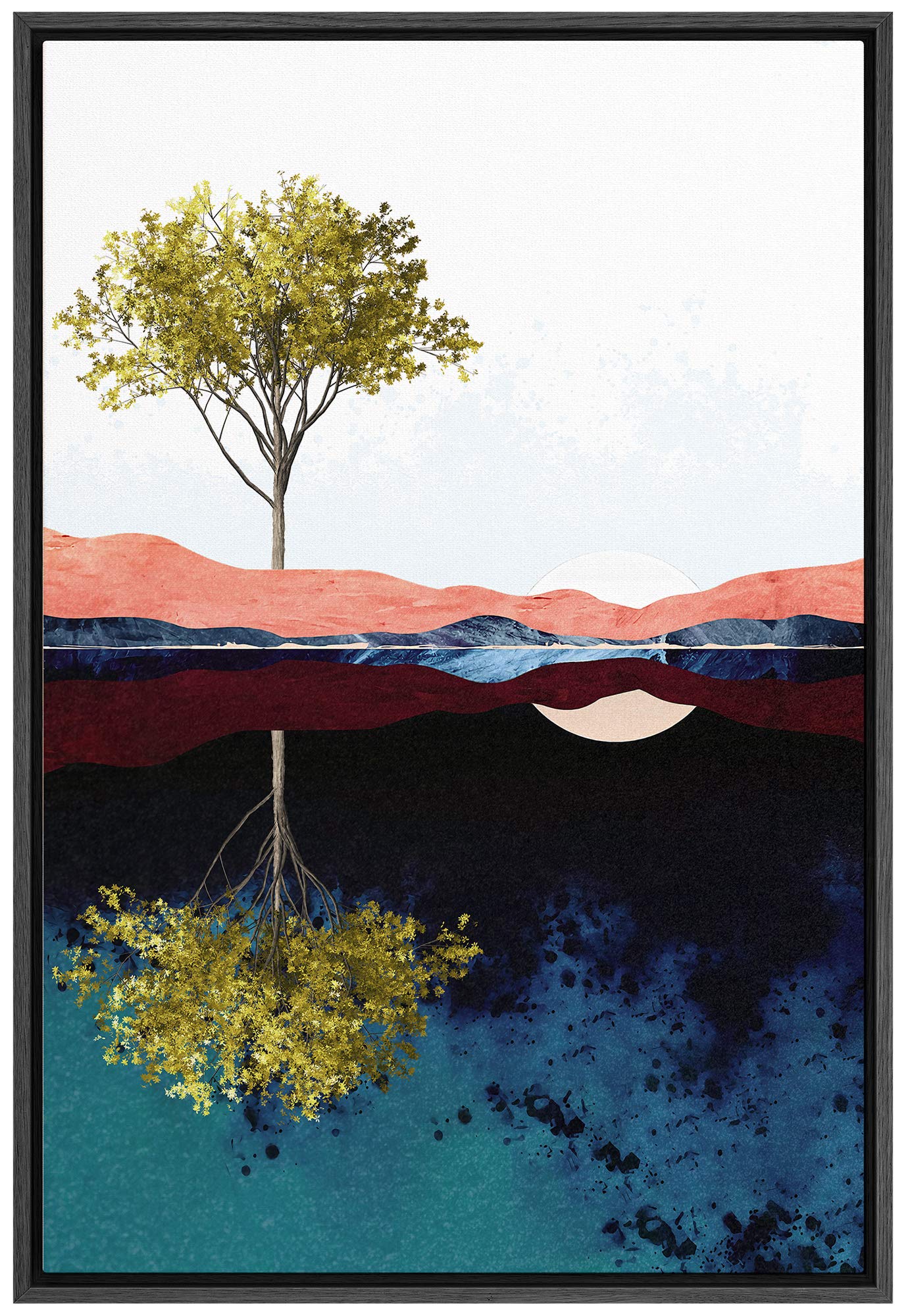 Signford Framed Canvas Print Wall Art Green Tree Over Mountain Reflection Abstract Wilderness Illustrations Modern Art Contempor