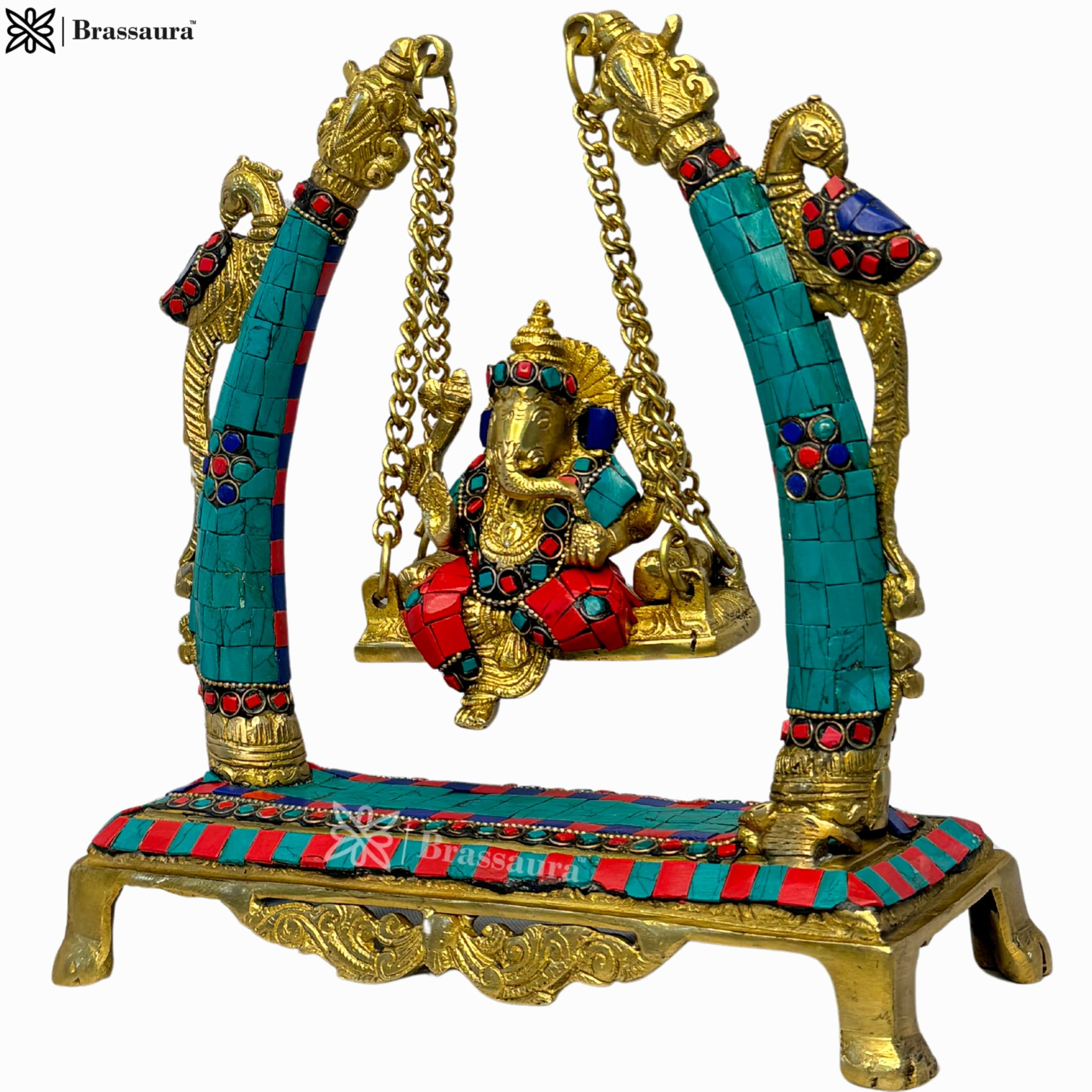 Brassaura Brass Gem Stone Work Ganesha Jhula Statue For Home And Decor Brass Ganesh Murti For Pooja Room Ganpati Idol For Home E