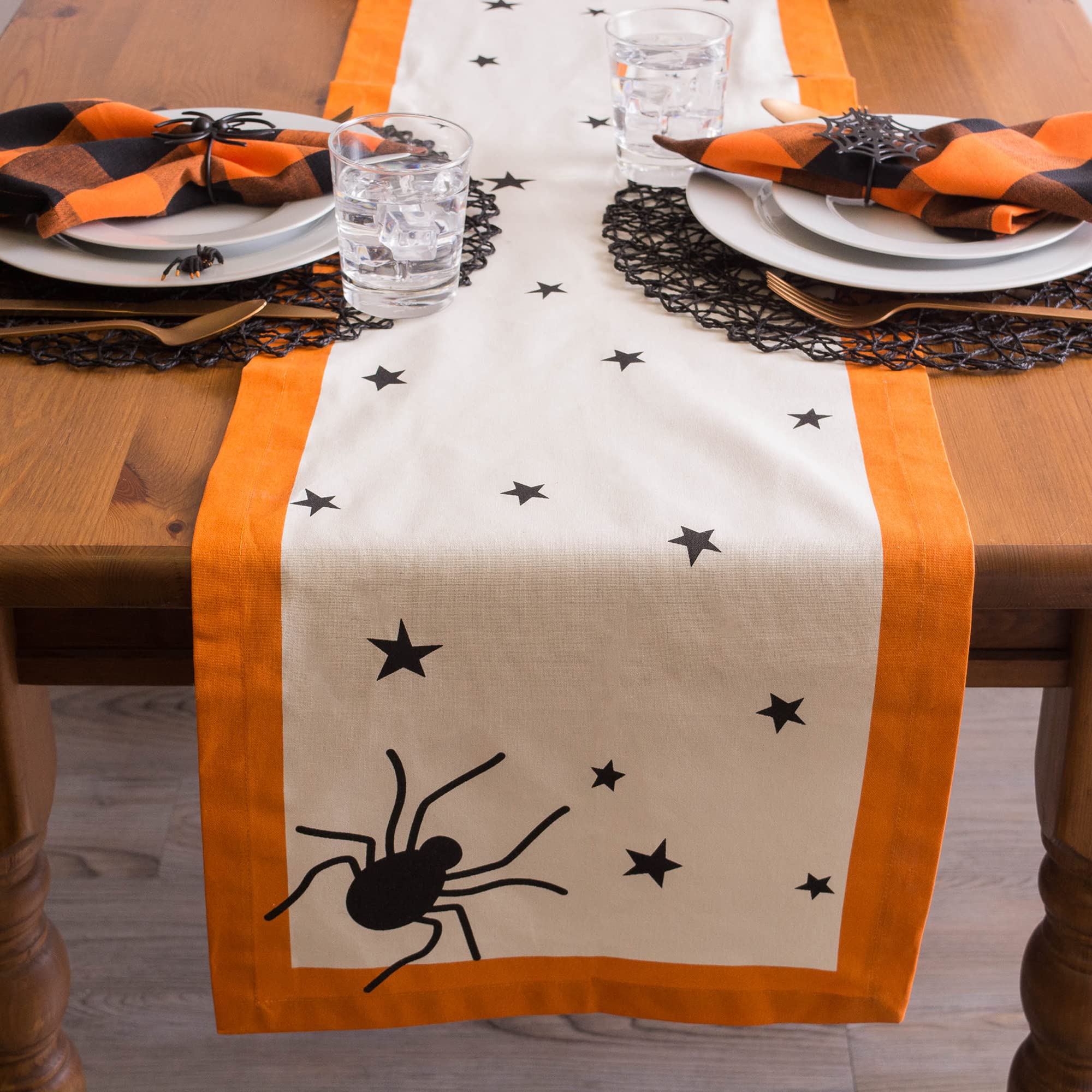 Dii Halloween Tabletop Collection Bold Black Stars/Spooky Spider With Orange Border On Off-White Natural Background, Machine Was