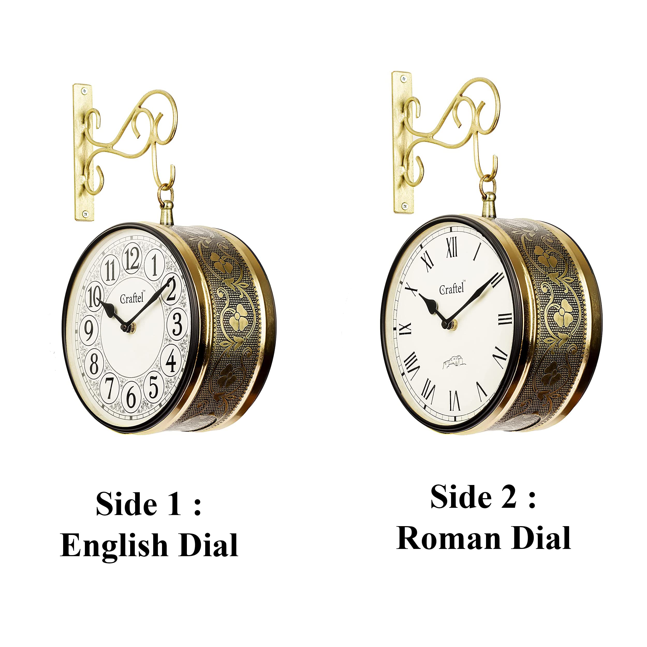 CRAFTEL Metal Analog Double Sided Vintage English Roman Station Wall Clock (Shiny Gold_8 Inches)