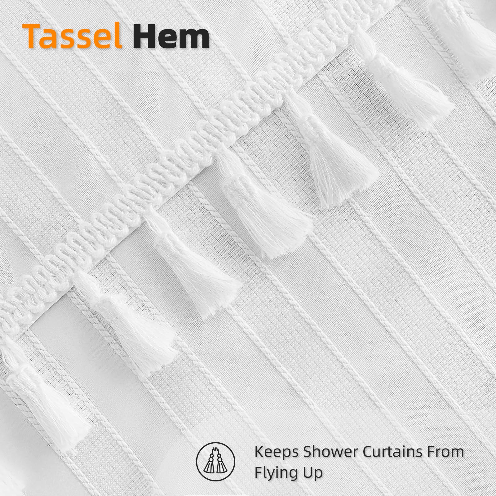 Seasonwood White Fabric Shower Curtain Boho Chic Striped Textured Tassel Shower Curtain For Bathroom, Wrinkle Free, Shabby Chic