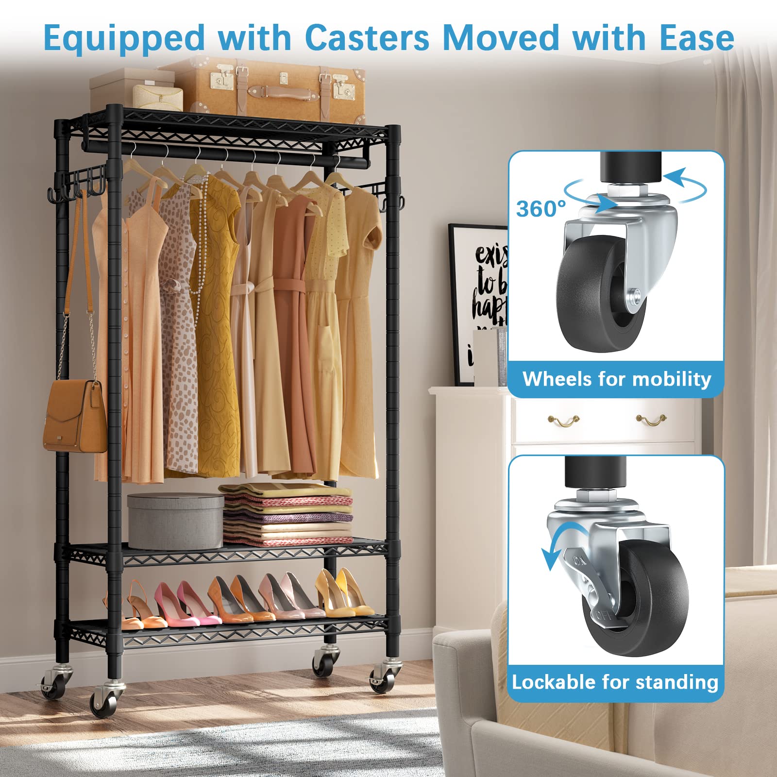 Vipek R1 Rolling Garment Rack Heavy Duty Clothes Rack For Hanging Clothes, Portable Closet Wardrobe With Wheels And Side Hooks,