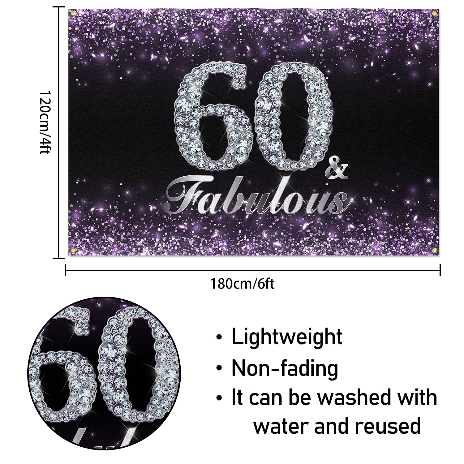Hamigar 6X4Ft Happy 60Th Birthday Banner Backdrop - 60 & Fabulous Birthday Decorations Party Supplies For Women - Purple