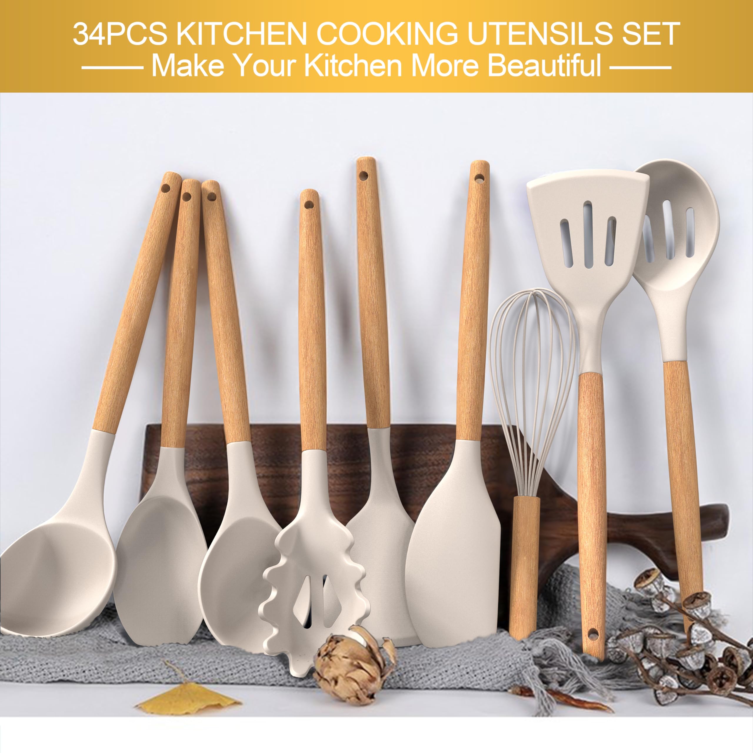 Silicone Cooking Utensils Set, 43Pcs Non-Stick Heat Resistant Kitchen Utensils Spatula Set With Wooden Handle For Baking, Cookin