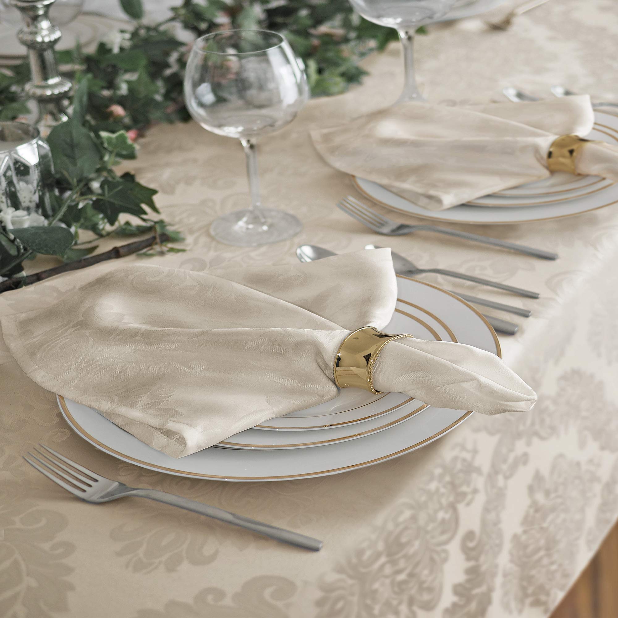 Newbridge Barcelona Luxury Damask Fabric Tablecloth  100% Polyester  No Iron  Soil Resistant Dining Room  Party Banquet and Holiday Tablecloth  90 Inch Round  Antique White