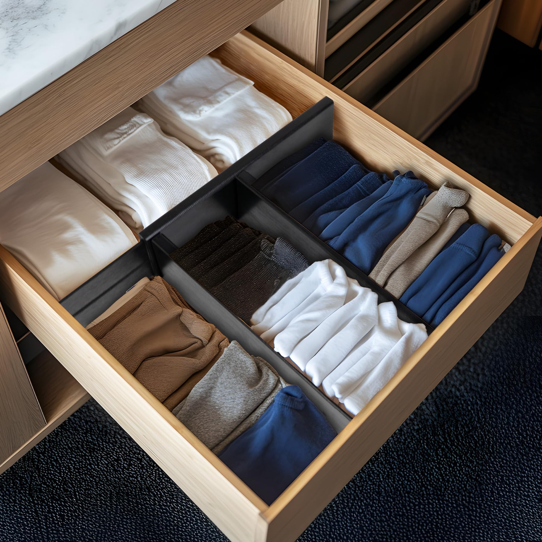 Utoplike 4 PCS Bamboo Drawer Dividers, Adjustable Black Drawer Organizers for Socks, Spring Loaded, Works in Kitchen, Dresser, B