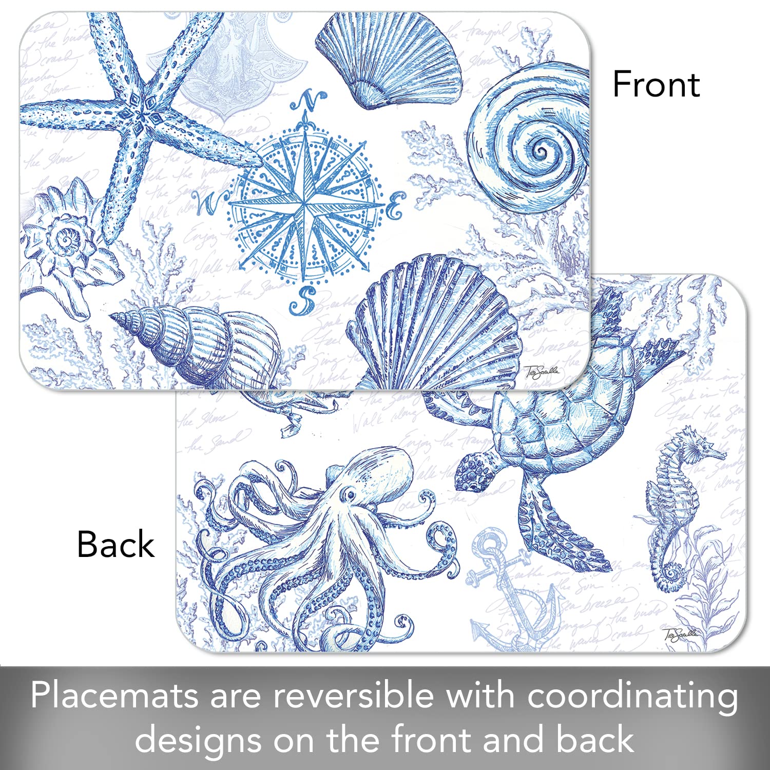Counterart Coastal Sketch 4 Pack Reversible Easy Care Flexible Plastic Placemats Made In The Usa Bpa Free Pvc Free Easily Wipes
