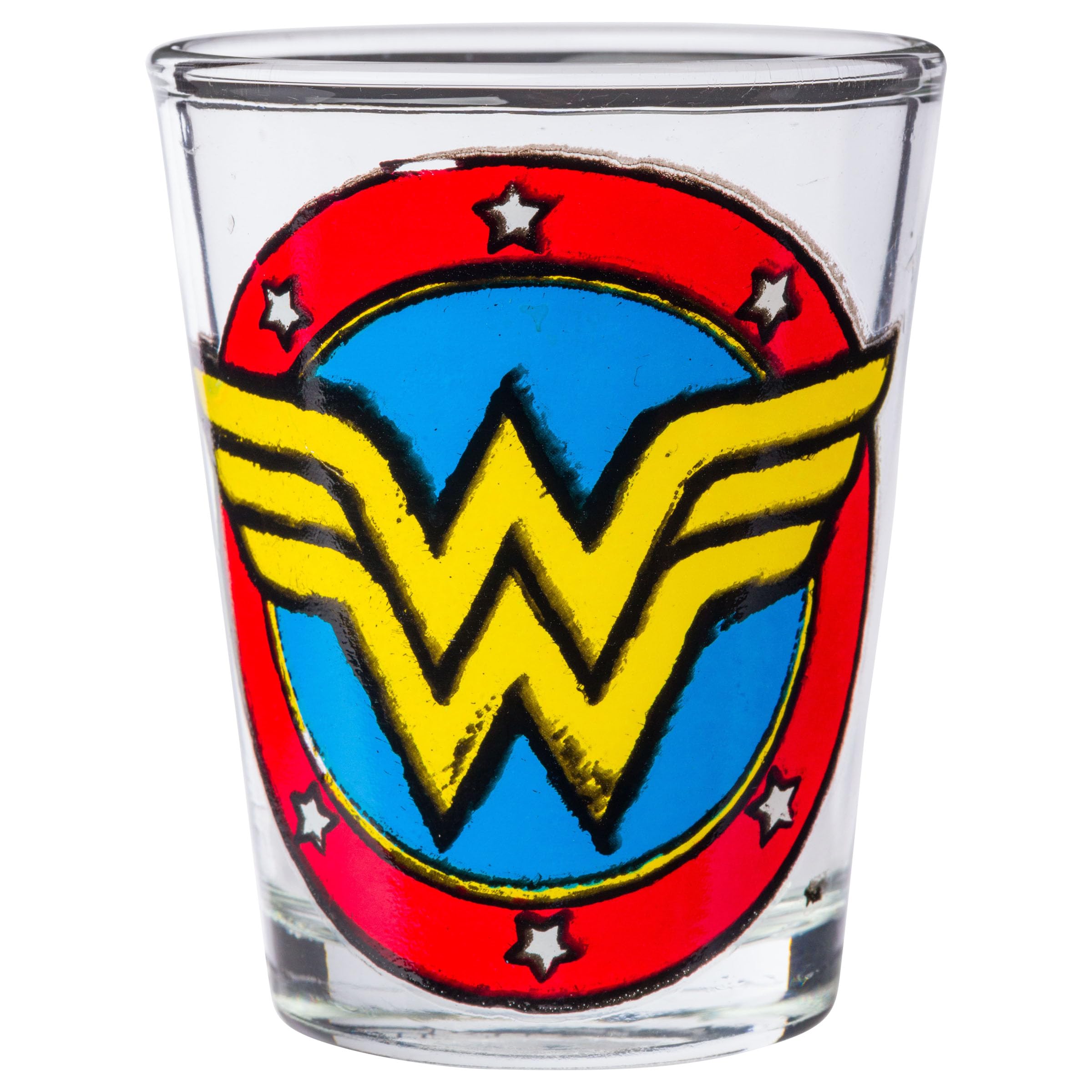 Silver Buffalo Dc Comics Superhero Logos Mini Glasses 4 Pack Featuring Flash, Superman, Wonder Woman, And Batman, 1.5 Ounces