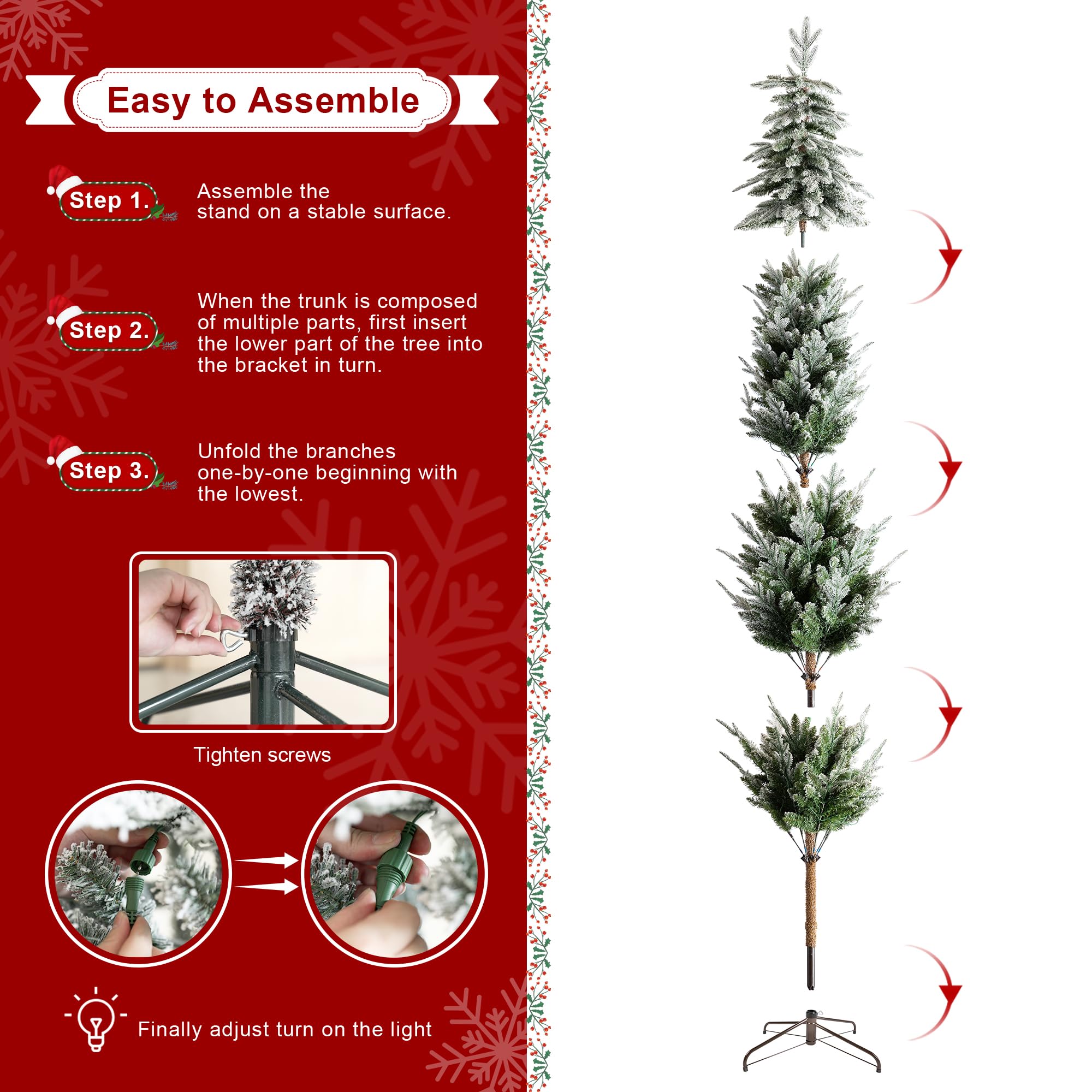 Glitzhome 9ft Prelit Christmas Tree, Artificial Christmas Tree with 470 Warm White Lights, Flocked Pencil Christmas Tree Chicago