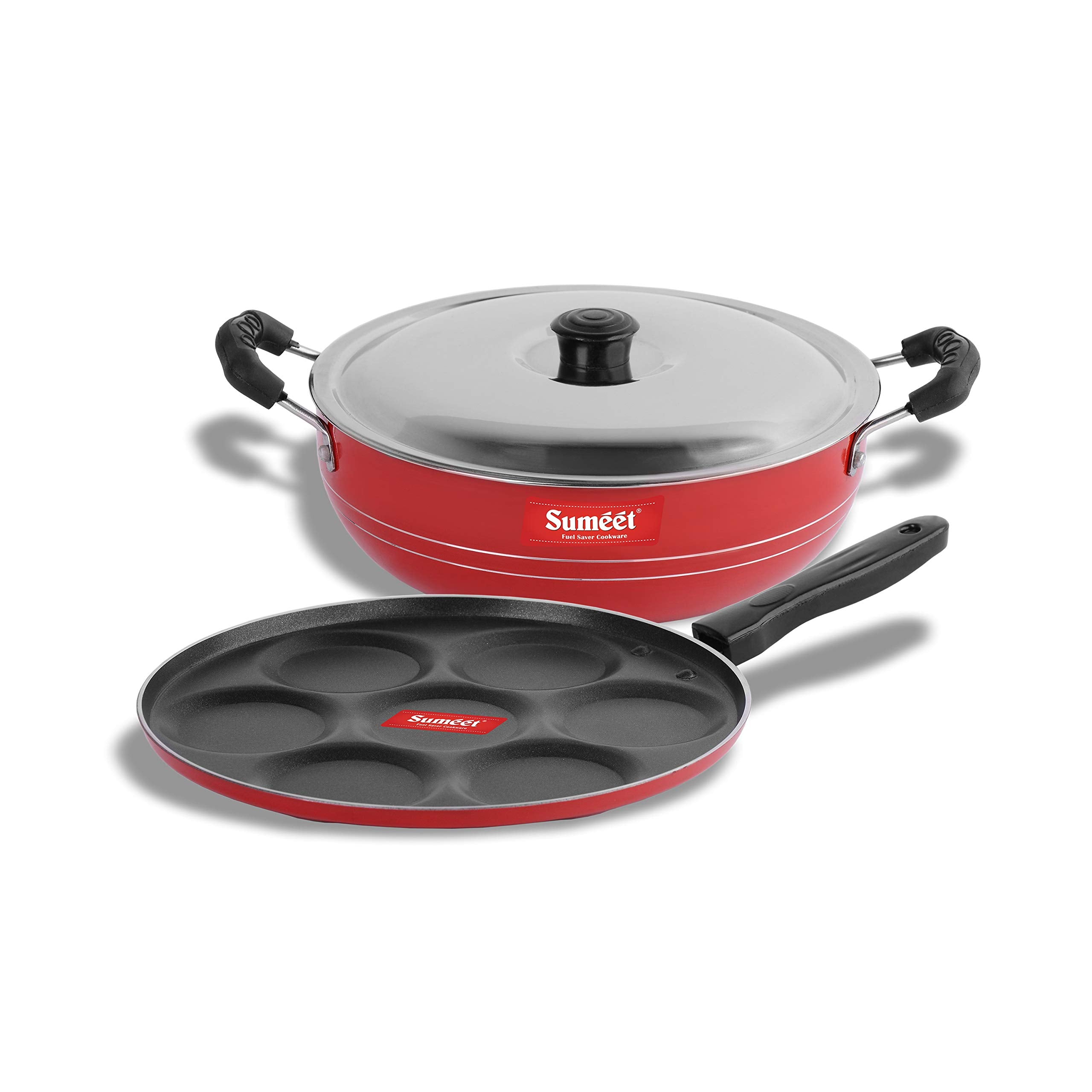 Sumeet 2.6Mm Thick NonStick Rasberry Cookware Set (Multi Snack Maker  26.5Cm Dia + Kadhai With Lid  1.5Ltr Capacity 20Cm Dia
