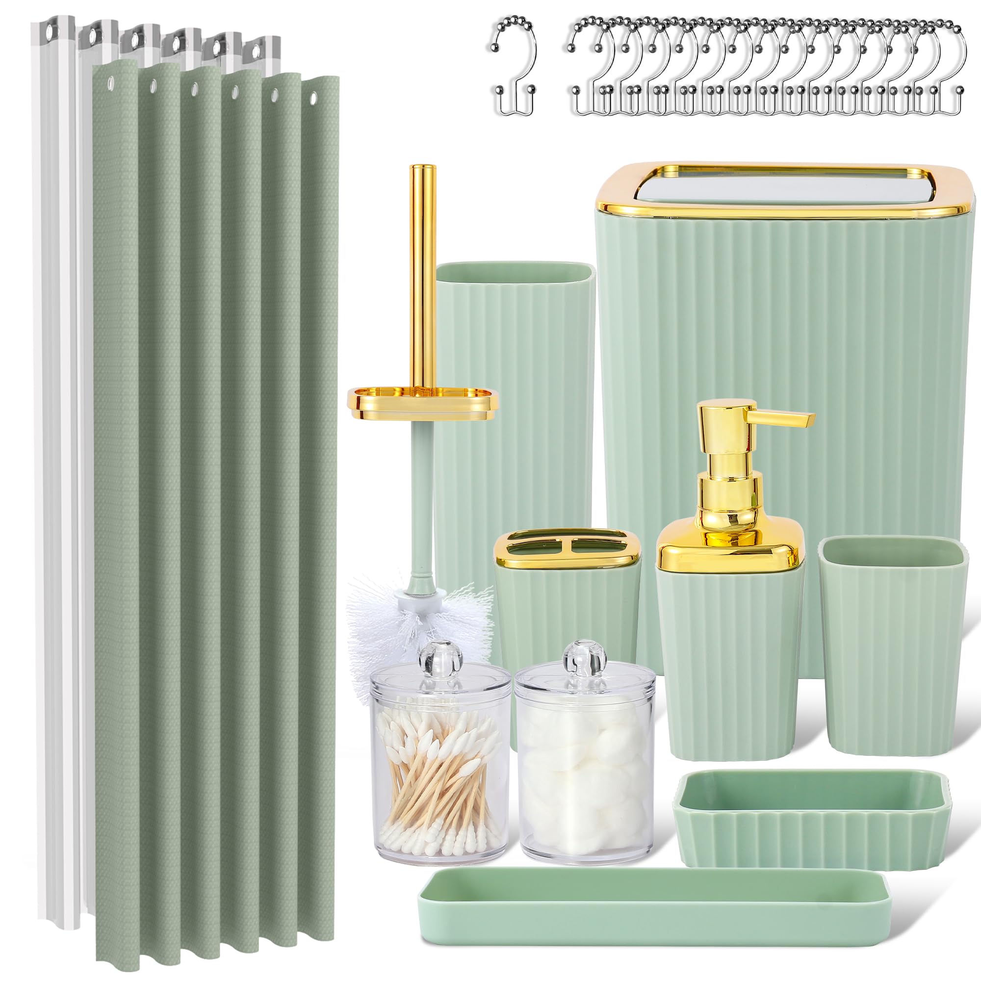 LightGreen Bathroom Set, 23 PCS Bathroom Accessories Set with Shower Curtains, Trash Can, Toothbrush Holder, Soap Dispensers, To