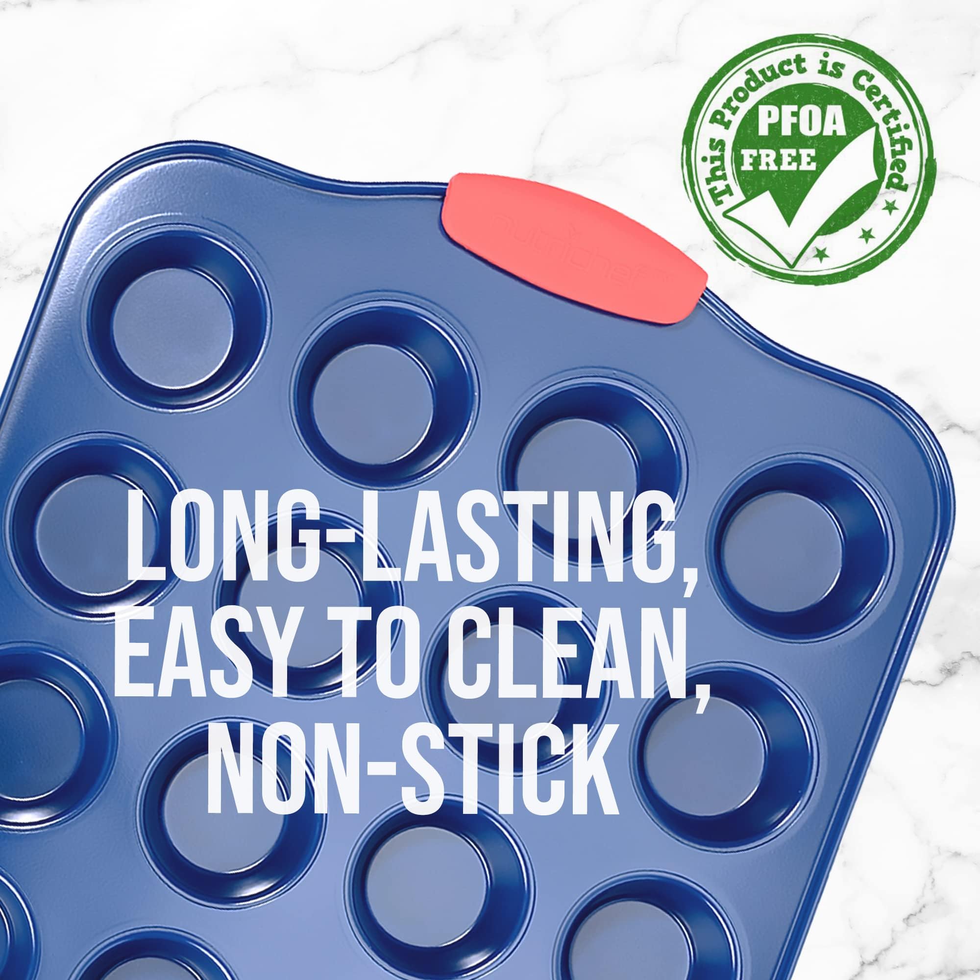 Nutrichef 17    Nonstick Mini Muffin Pan - Premium Carbon Steel 24 Cup Baking Tray W/ Red Silicone Handles, Easy To Clean Mini C