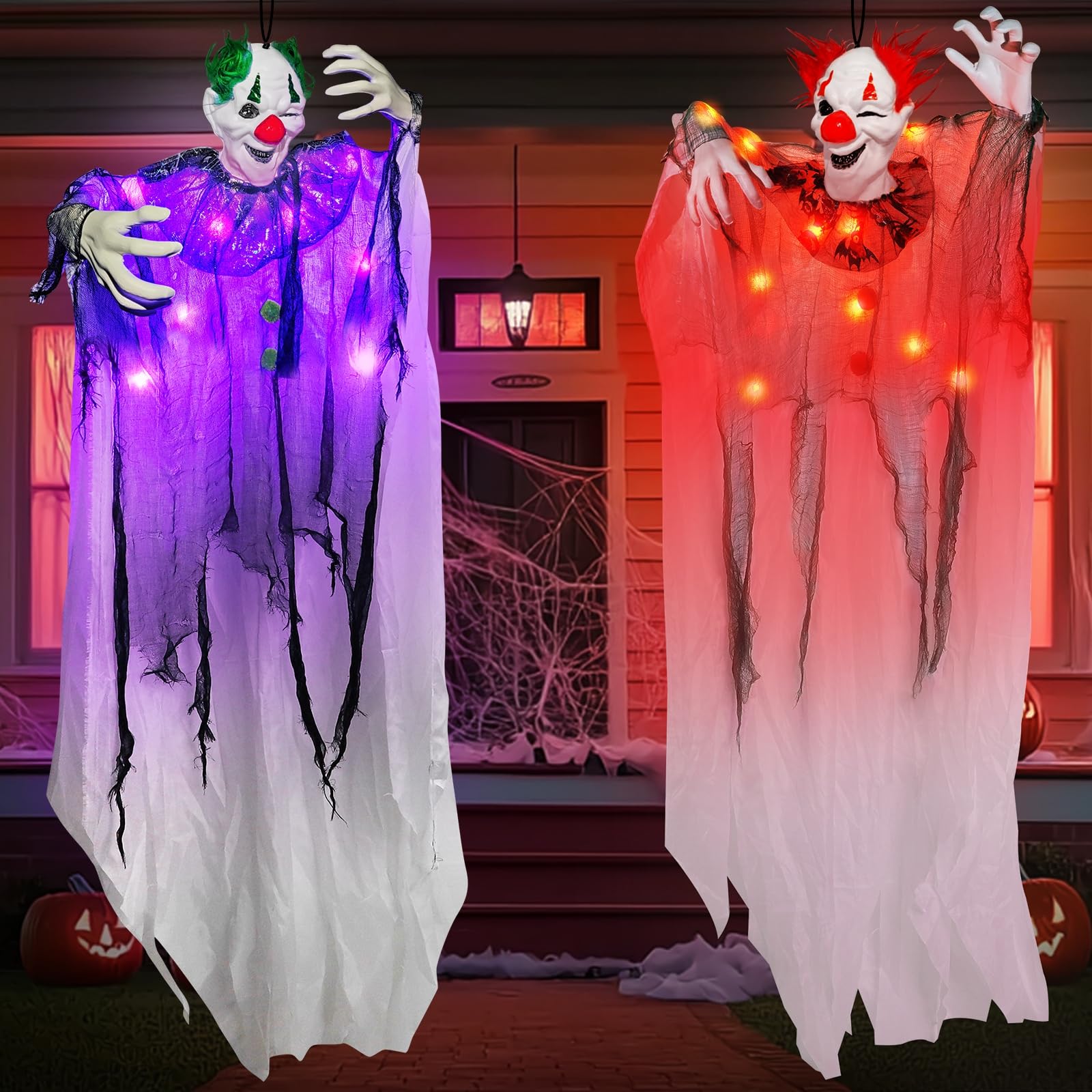 [ Glowing Body ] 2 Pack 5 Ft Light Up Halloween Hanging Clown Decorations with Purple & Red LED Lights, Scary Props Decor for Ya