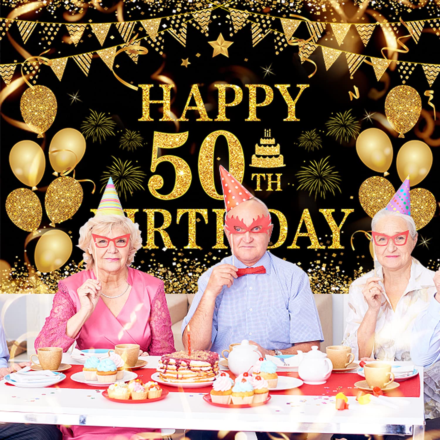 50Th Birthday Decorations For Men Women - Happy 50Th Birthday Banner Party Decorations Black Gold 50 Years Birthday Party Suppil