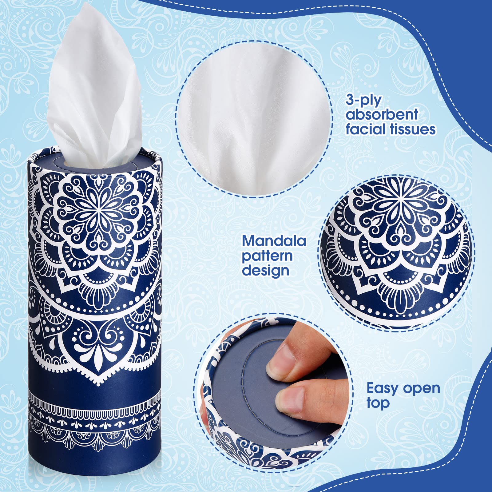 Outus 12 Pieces Mandala Car Tissues Box Bulk Car Tissues Cylinder With Facial Tissue Round Car Tissue Holder For Car Tissues Box