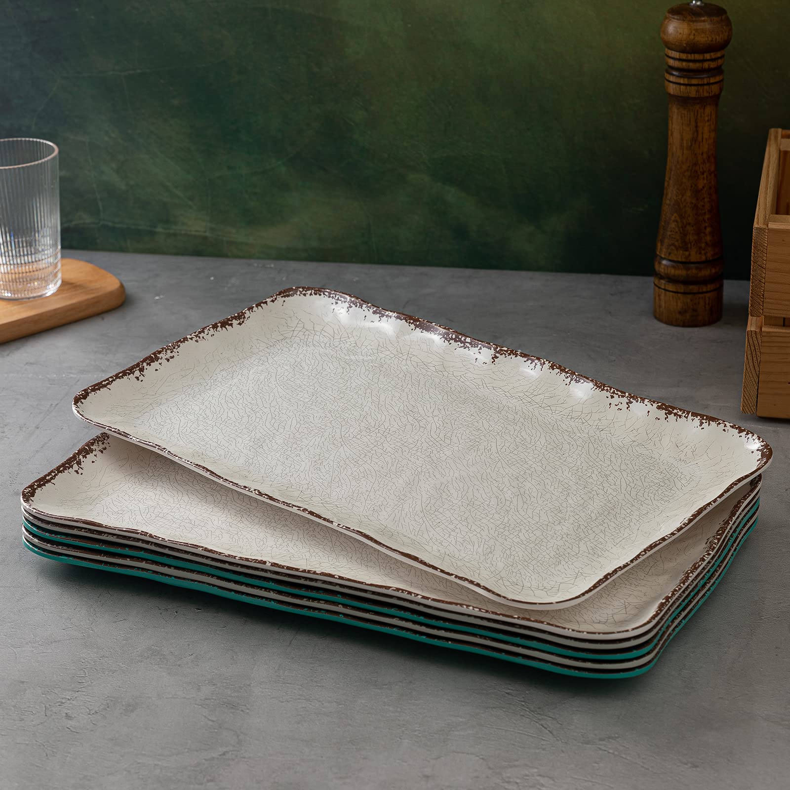 Lehaha Farmhouse Large Serving Platters, 2 Piece Melamine Dinnerware Set, 17.5 X 10 Inches Vintage Serving Tray, Rectangle White