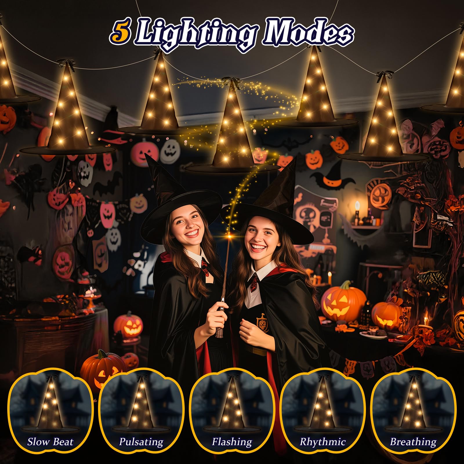 FlyQintess 8Pcs Hanging Witch Hats String Light, Floating Witch Hat with 8 Light Modes with Wand Control, Floating Light Up Blac