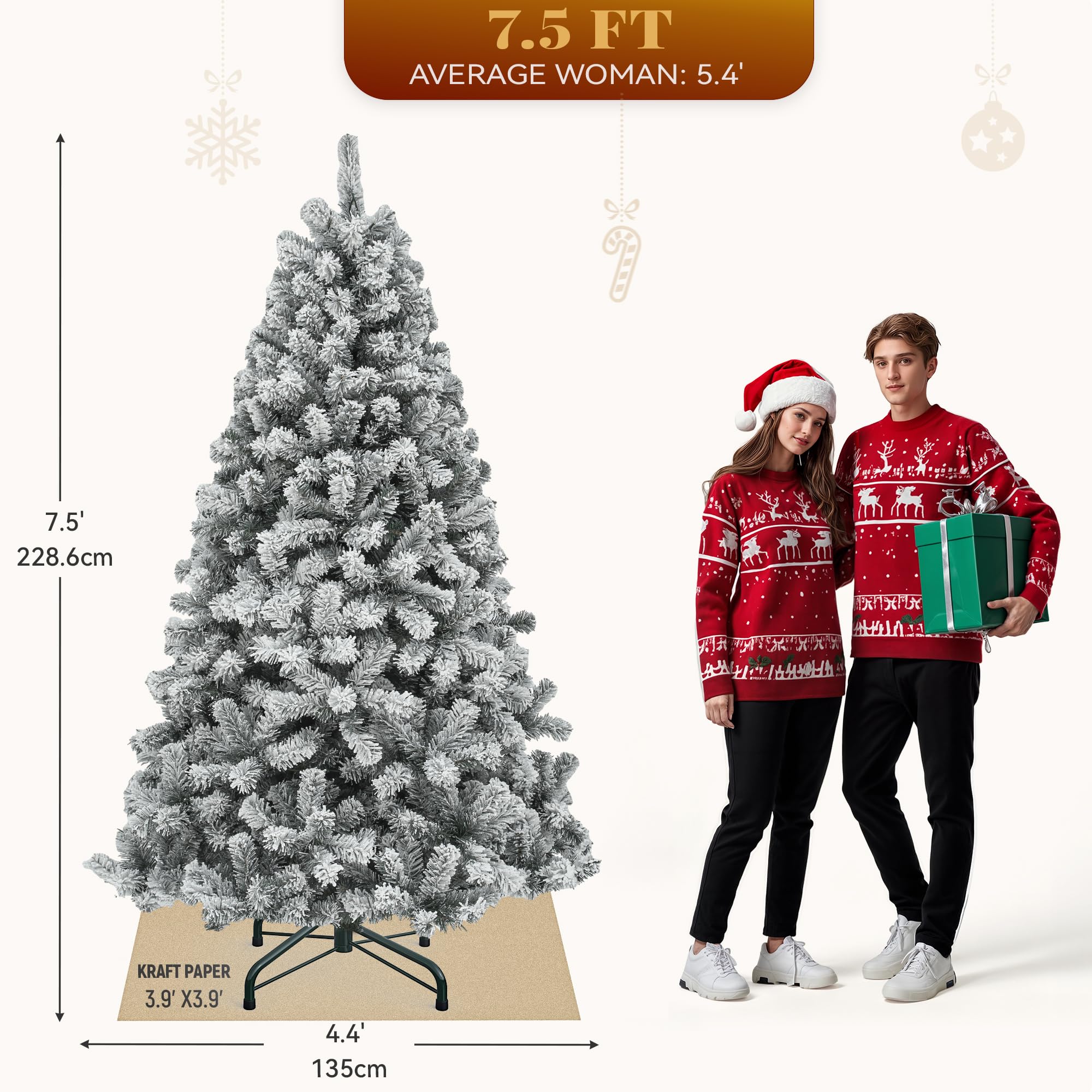 YITAHOME Prelit Snow Flocked Artificial Full Christmas Tree 7.5ft with Remote Control, Christmas Pine Tree with 11 Light-Modes,