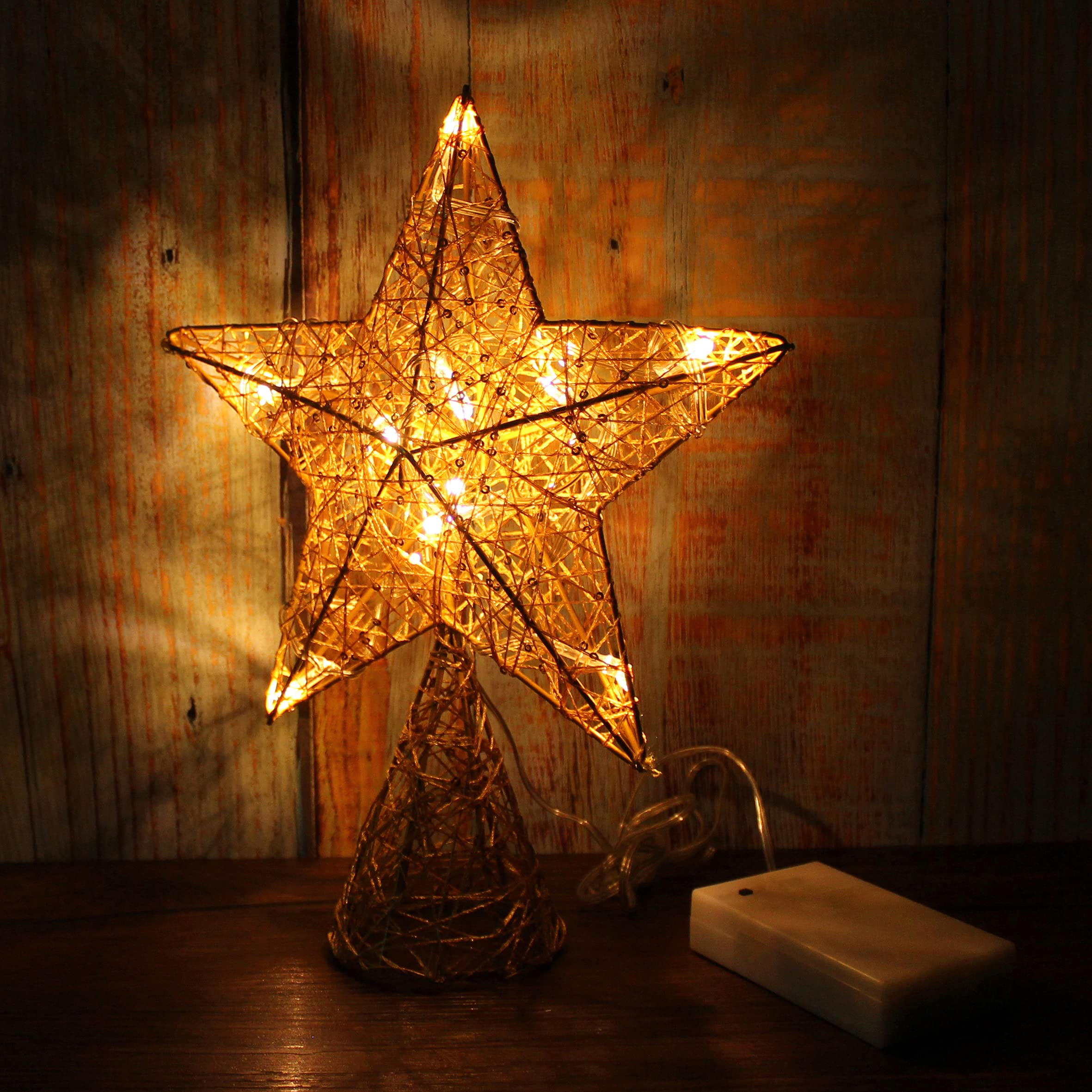 CVHOMEDECO. Gold Tree Top Star with Warm White LED Lights and Timer for Christmas Ornaments and Holiday Seasonal D  cor, 8 x 10