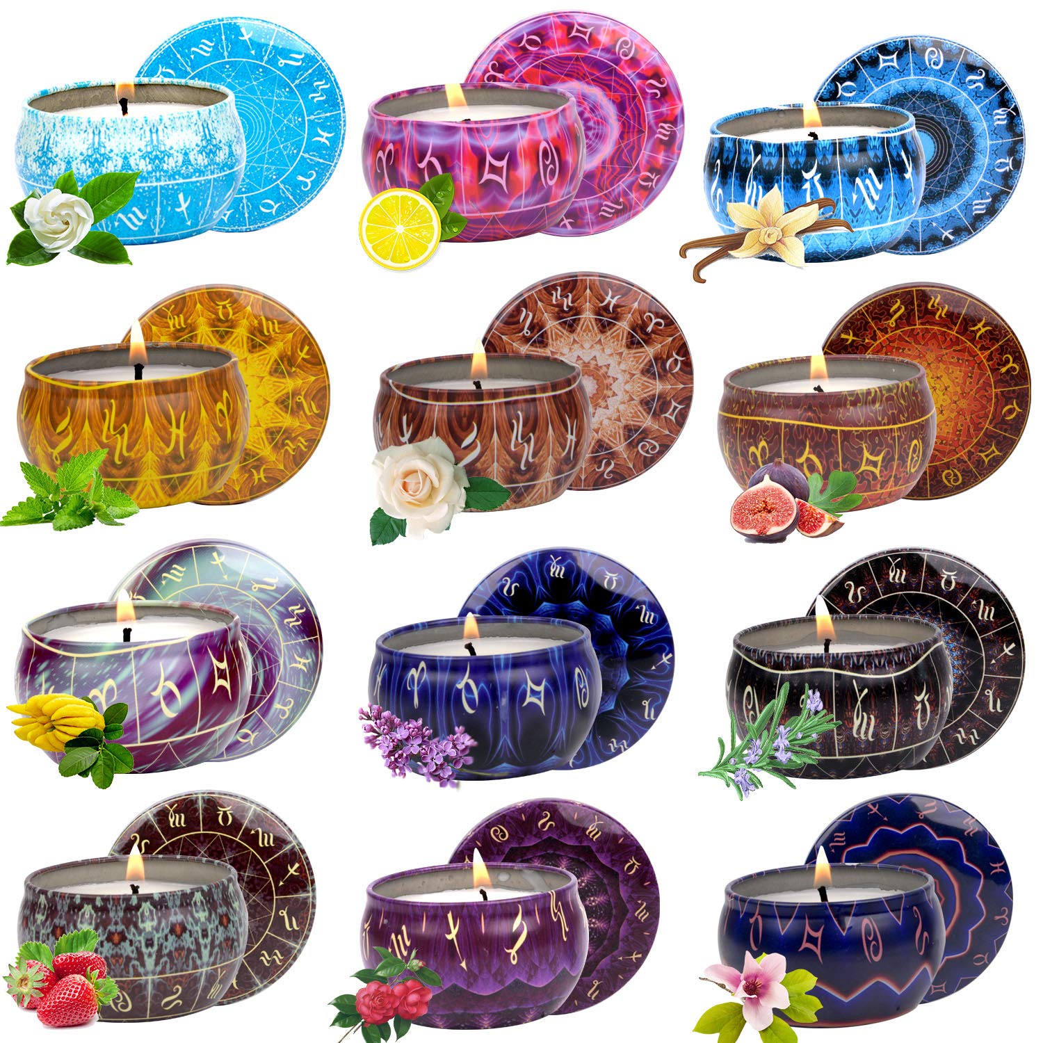 12 Constellations Scented Candles Gift Set 2.5oz Aromatherapy Candles Strong Fragrance Portable Travel Tin Jar Candles Gifts for