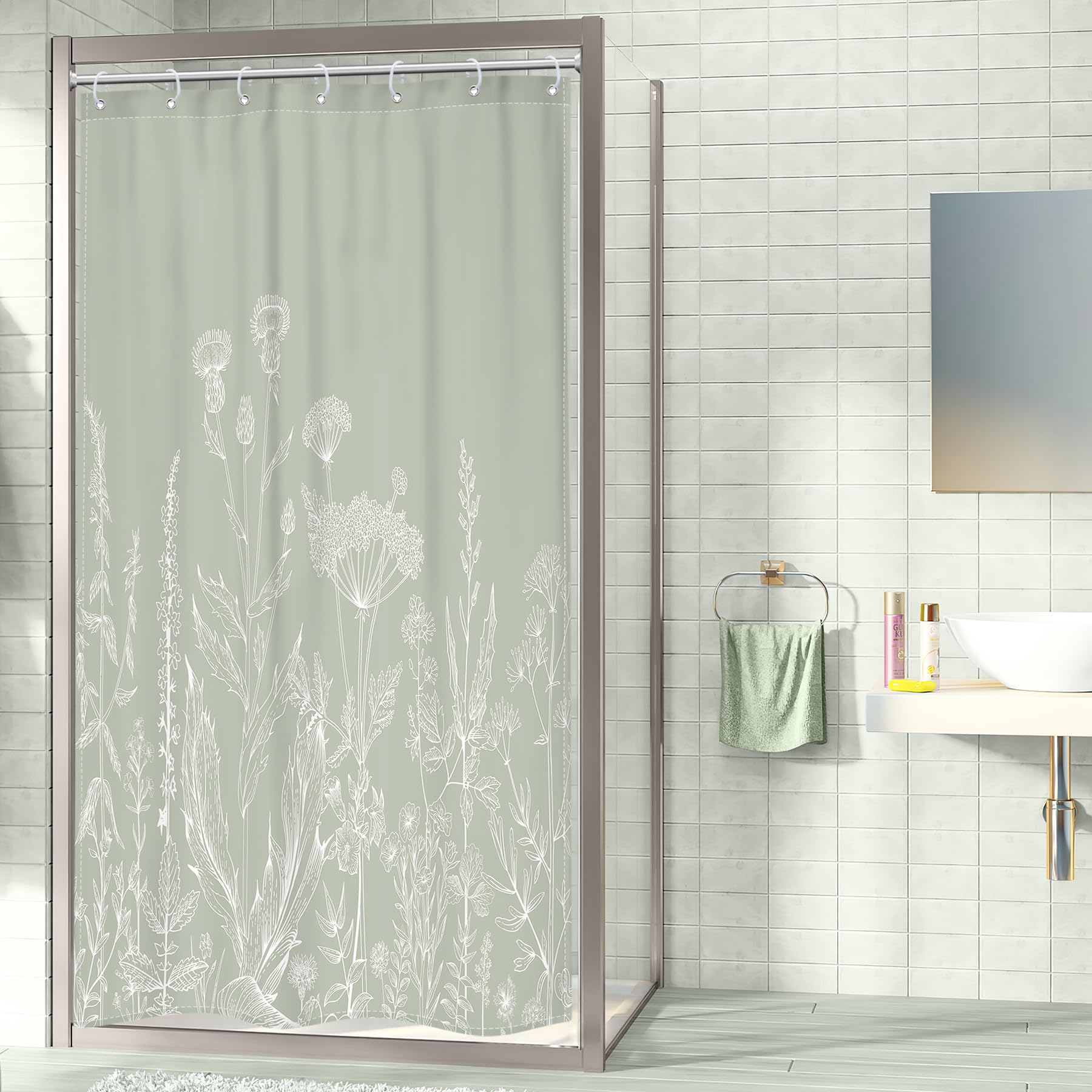 Riyidecor Sage Green Floral Wildflower Shower Curtain For Bathroom Decor 36Wx72H Nature Wildflower Botanical Herbs Country Sprin