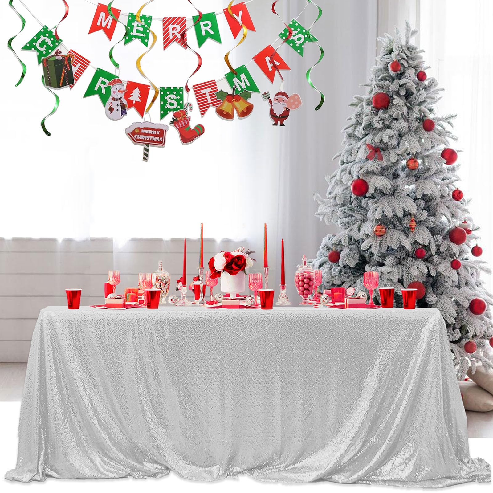 Fyledaee Sequin Tablecloth Rectangular Silver 50X80 Inch Glittering Shimmer Tablecloth For Wedding Baby Shower Birthday Party Di