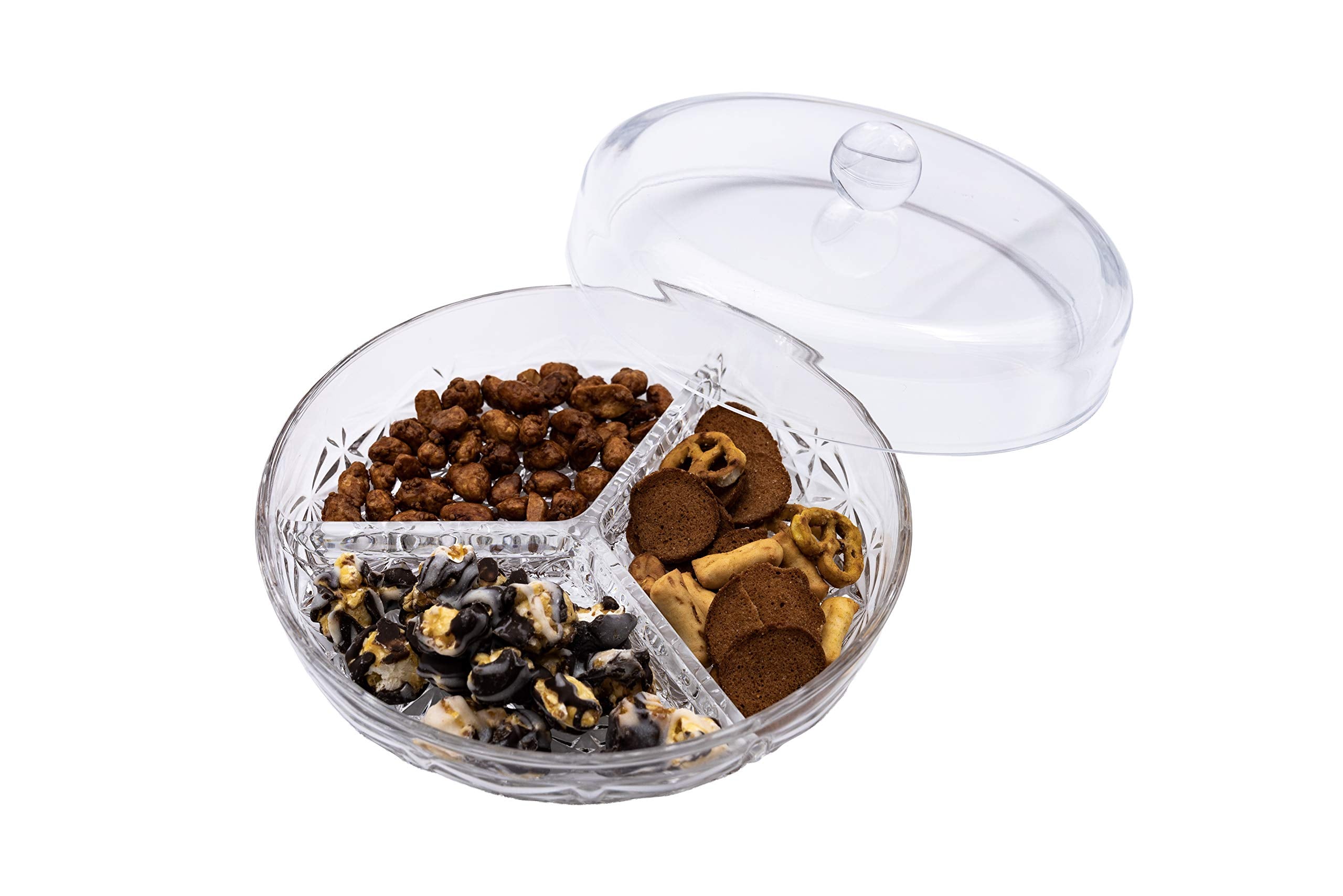 Huang Acrylic 3-Section Divided Serving Dishes With Lid | Round Snack And Condiment Tray With Cover | Multifunctional Party Snac