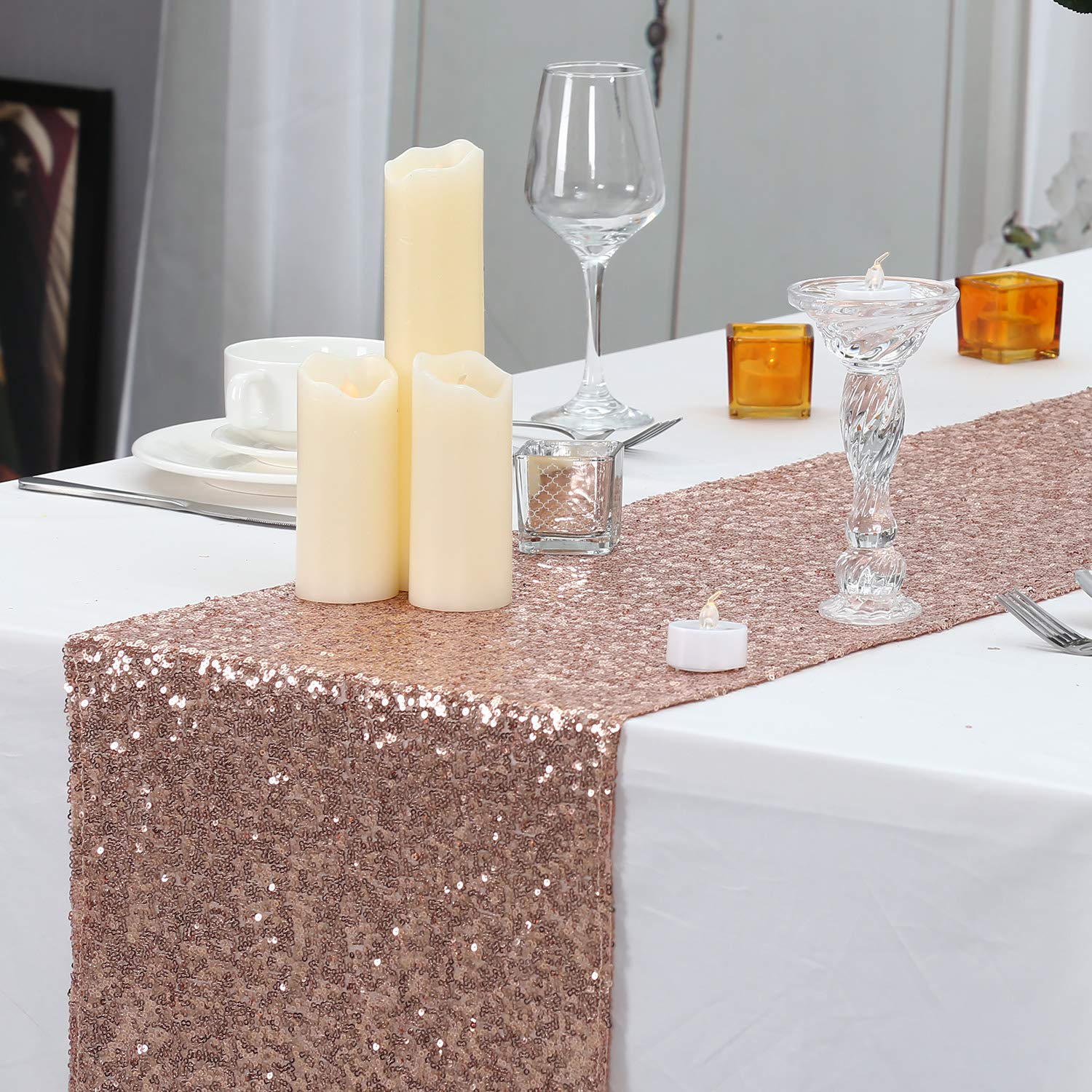 Partydelight 12'' X 60'' Rose Gold Sequin Table Runner For Wedding, Party, Bridal Baby Shower, Christmas.