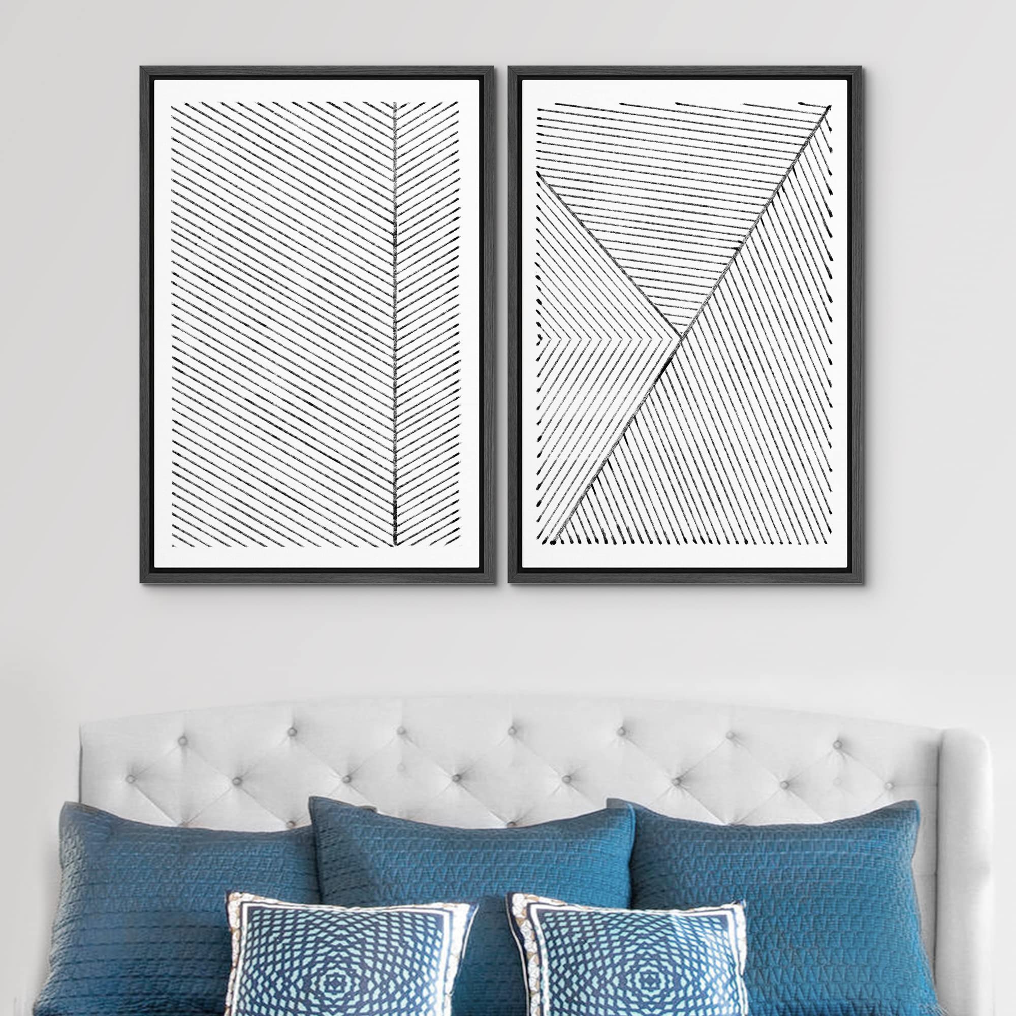 Signwin Framed Canvas Print Wall Art Set Geometric Black White Line Collage Abstract Shapes Illustrations Modern Art Decorative