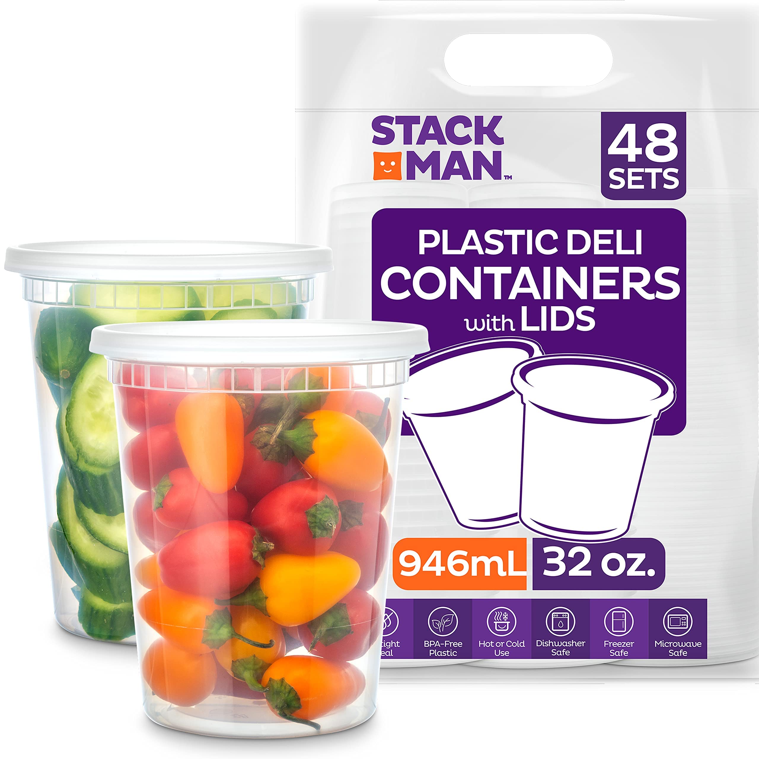 [48 Sets -32 Oz.] Plastic Deli Food Storage Containers With Airtight Lids - Soup Containers With Lids