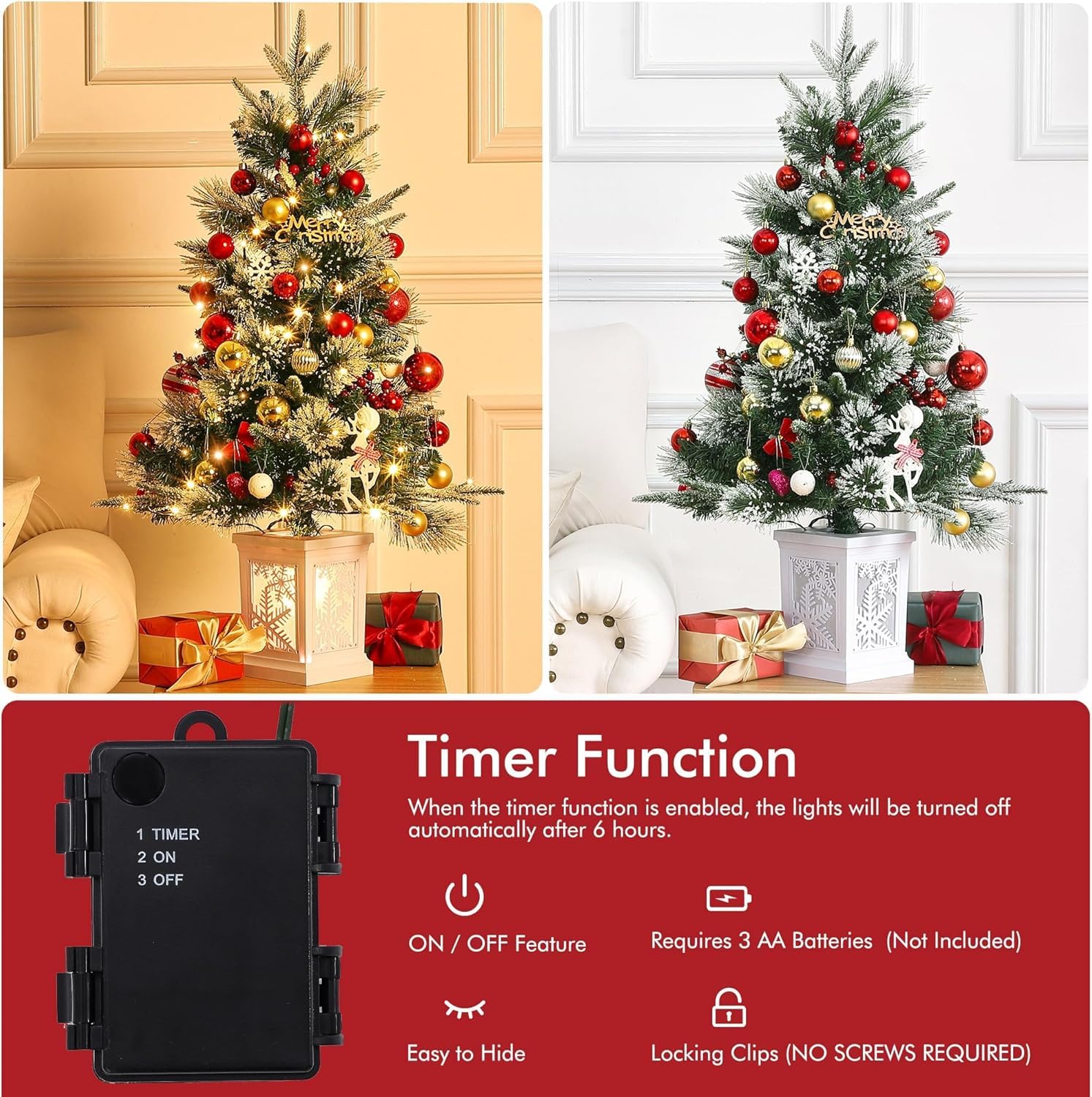 3 Ft Pre-Lit Christmas Tree, Artificial Christmas Tree with Base, Xmas Tree with Timer, Christmas Decoration for Home, Office, E