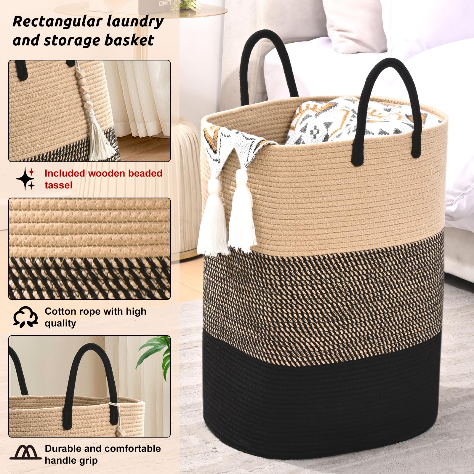 Woven Laundry Basket For Clothes, 80 L Large Rectangle Laundry Hampers With Beads Tassel, Nursery Storage Basket For Toys, Tall