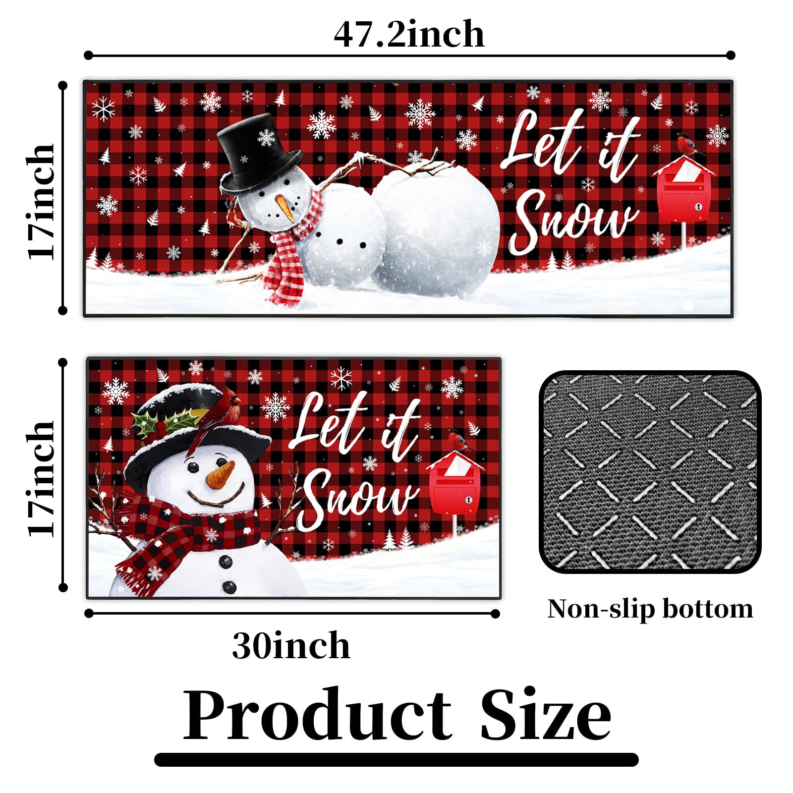 JWXCBIM Let It Snow Christmas Snowman Kitchen Rugs and Mats Set of 2, Buffalo Plaid Winter Snowflake Xmas Holiday Home Kitchen D
