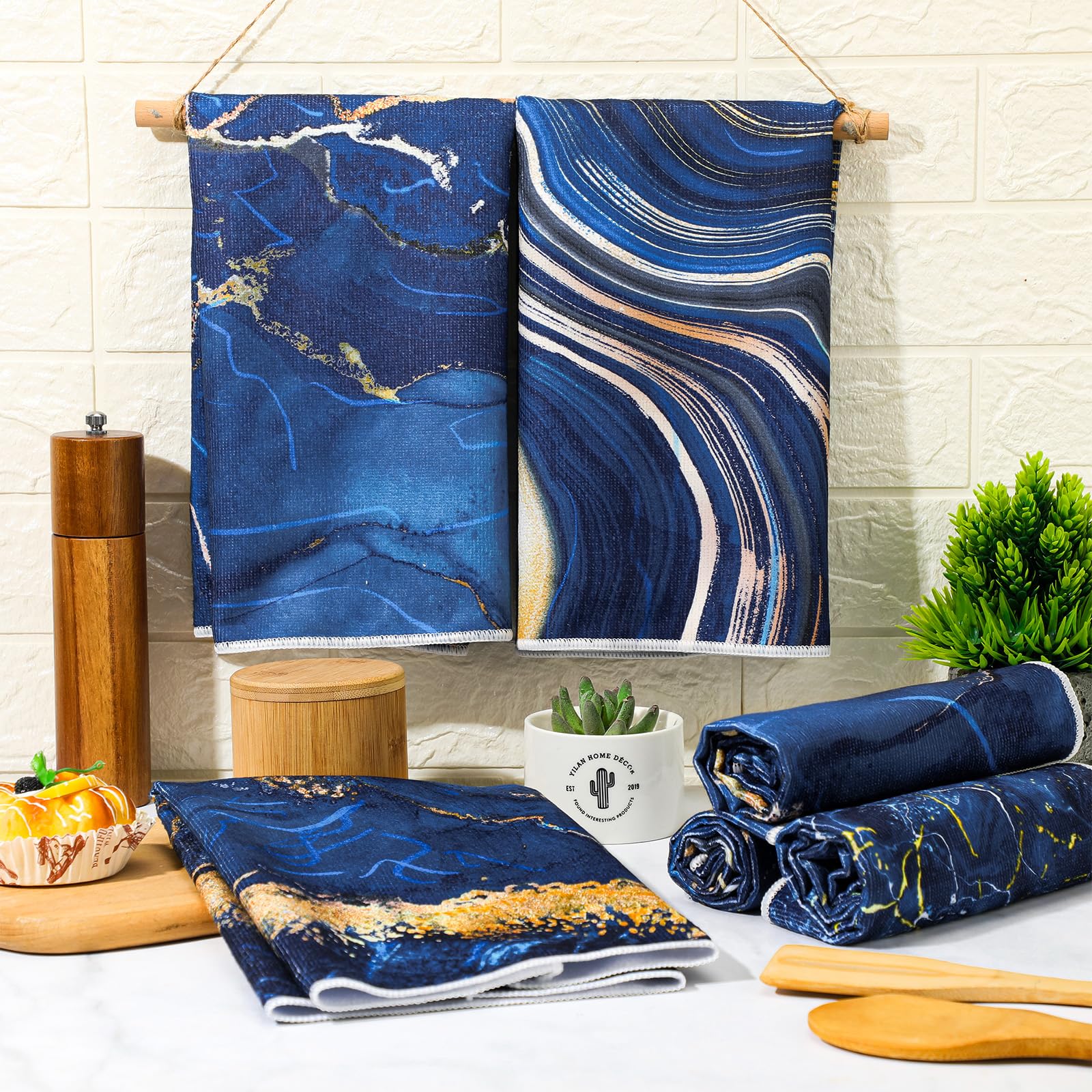 Boyiee Set of 6 Marble Kitchen Towels Blue Gold Hand Modern Absorbent Soft Decorative Dish Tea Towels 24 x 16 Inches Kitchen Gif
