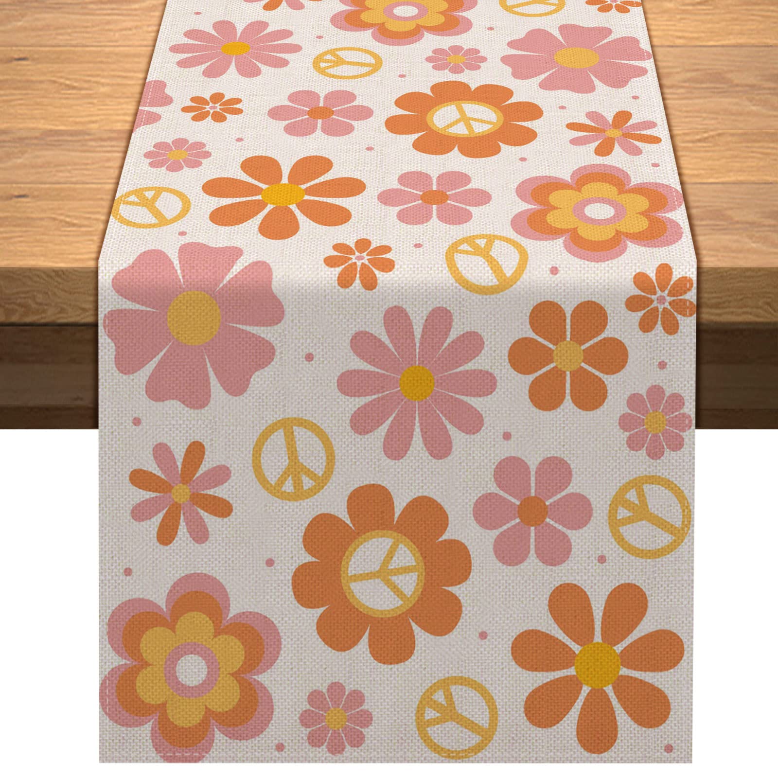 Vohado Groovy Table Runner Daisy Retro Hippie Boho Rainbow Party Decorations Spring Summer Kichen Dining Home Decor