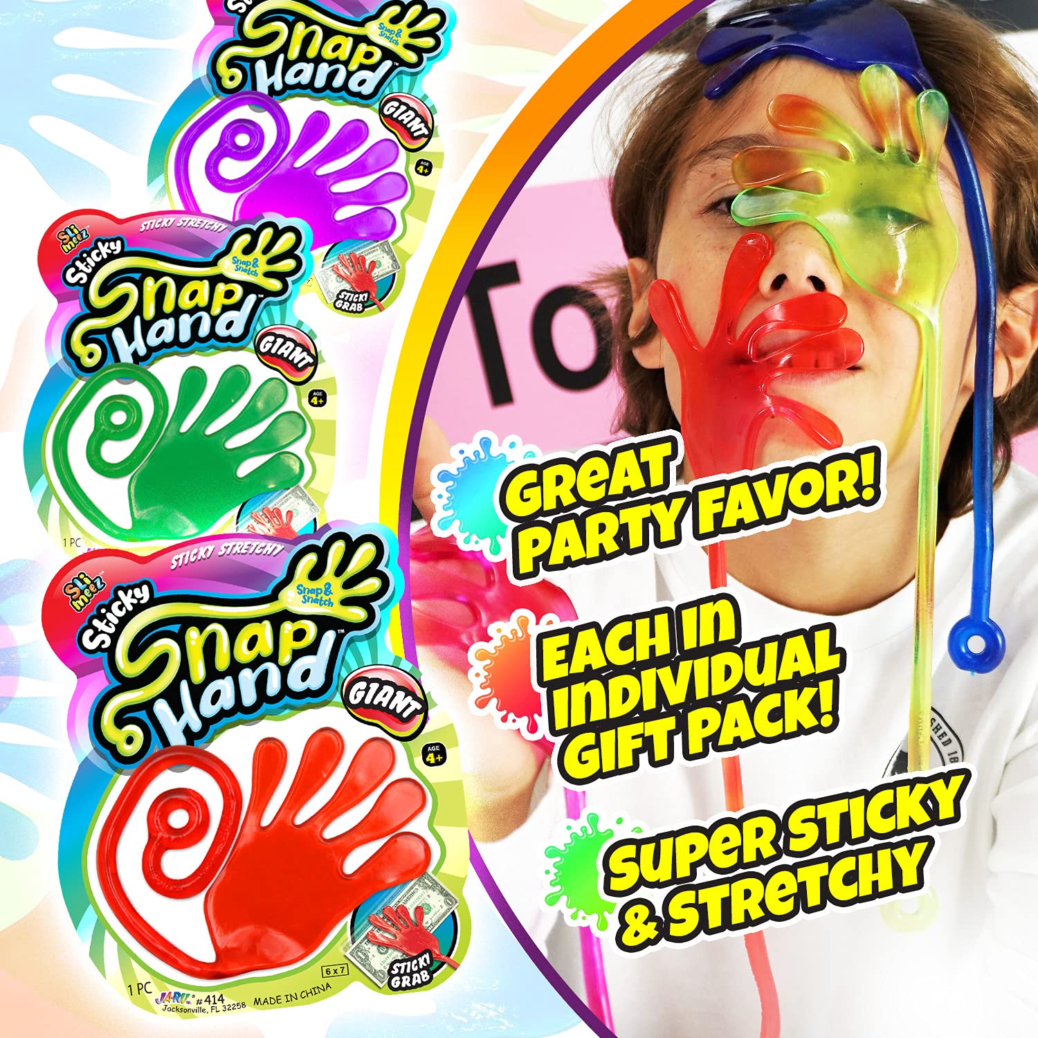 Fun A Ton Giant Snap Hand-Jumbo Sticky Hands Toy (4 Pack Assorted) Large Stretchy Sticky Hands Toy For Kids. Party Favors, Class