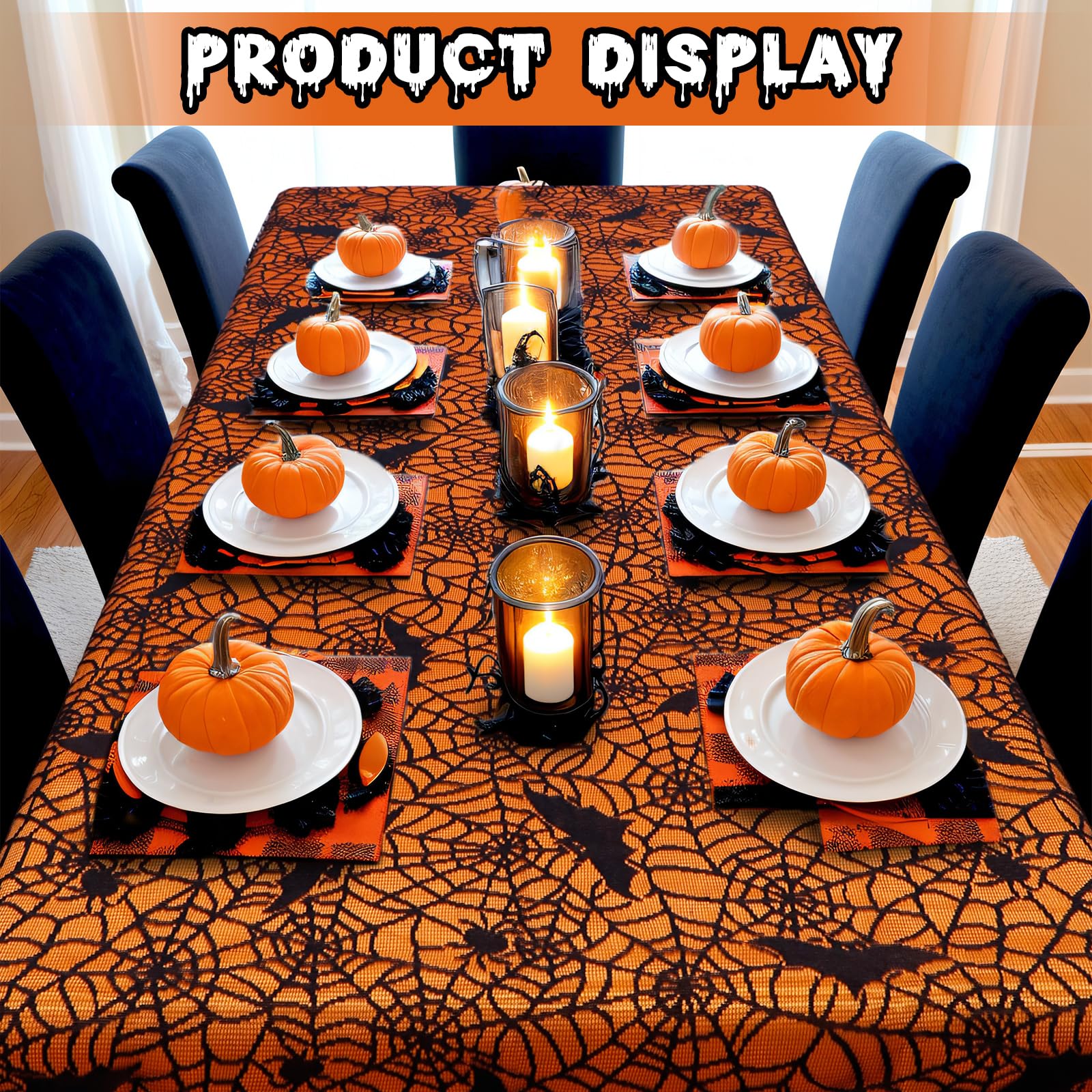 Ourwarm 2Pcs Halloween Tablecloth, Rectangular Polyester Black Lace & Orange Lined Tablecloth, Spider Web Table Cover For Scary