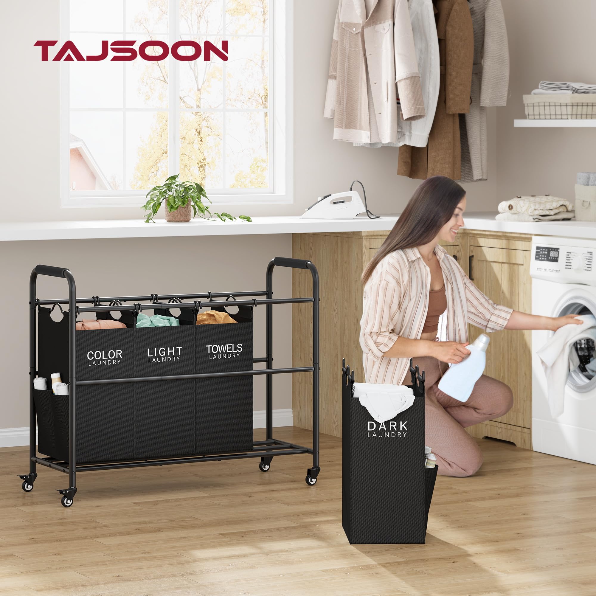 Tajsoon 4 Bag Laundry Sorter Cart  Laundry Hamper Sorter Basket with Heavy Duty Lockable Rolling Wheels for Clothes Storage Black