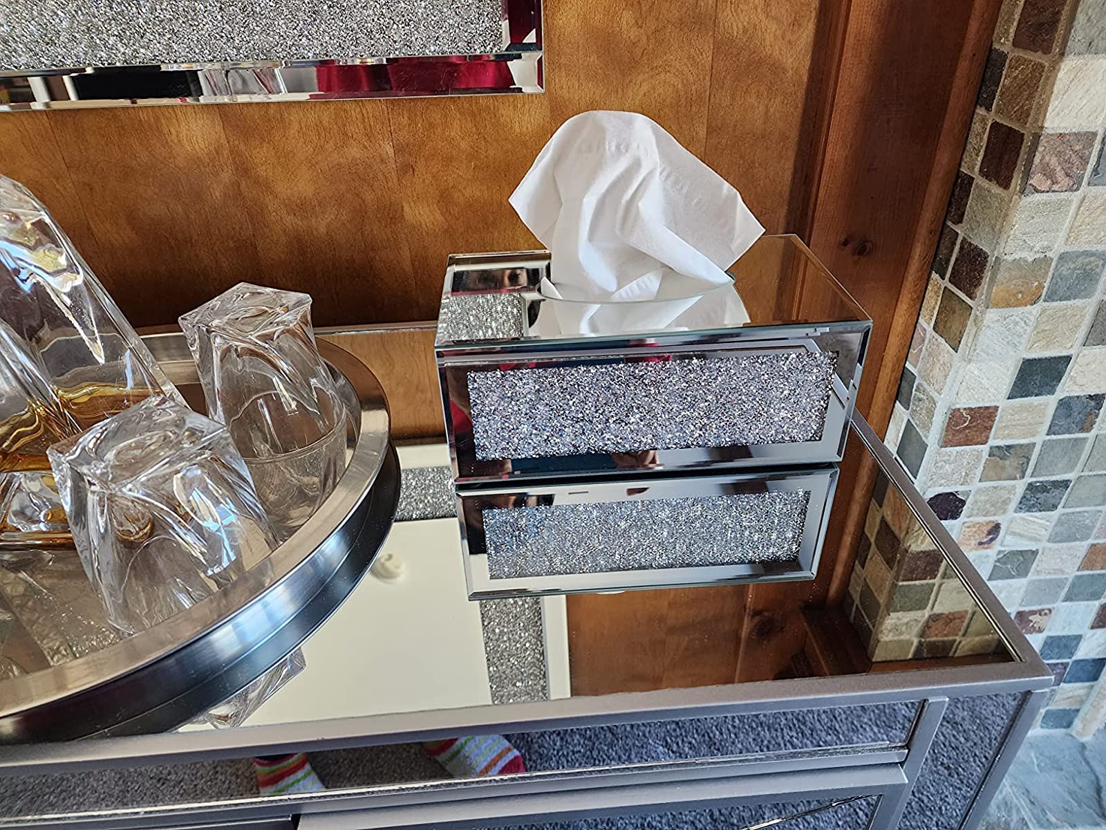 Wocred Rectangular Mirrored Tissue Box Cover,Crystal Crushed Diamond Tissue Box,Silver Luxury Tissue Holders For Either Tissues