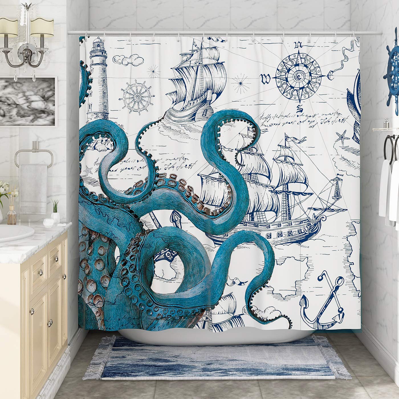 DESIHOM Blue Nautical Octopus Tall Shower Curtain Set  Funny Ocean Kraken Shower Curtains for Bathroom  Beach Coastal Pirate Map Decor Polyester Fabric-72'' x 78''