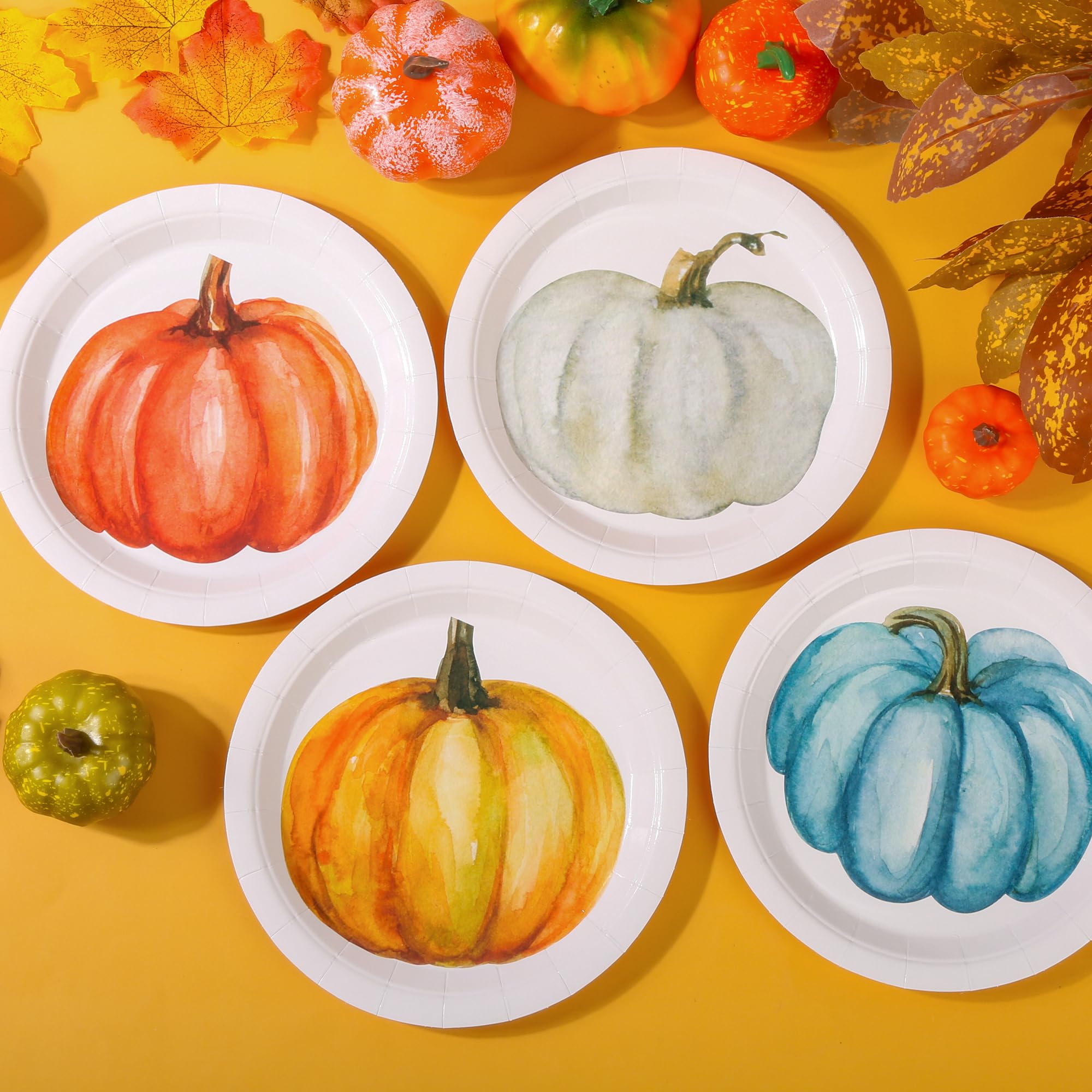 Elyxio 24Pcs Pumpkin Paper Plates Orange Blue Pumpkins Party Plates Fall Disposable 7 Dessert Plate for Autumn Thanksgiving Harv