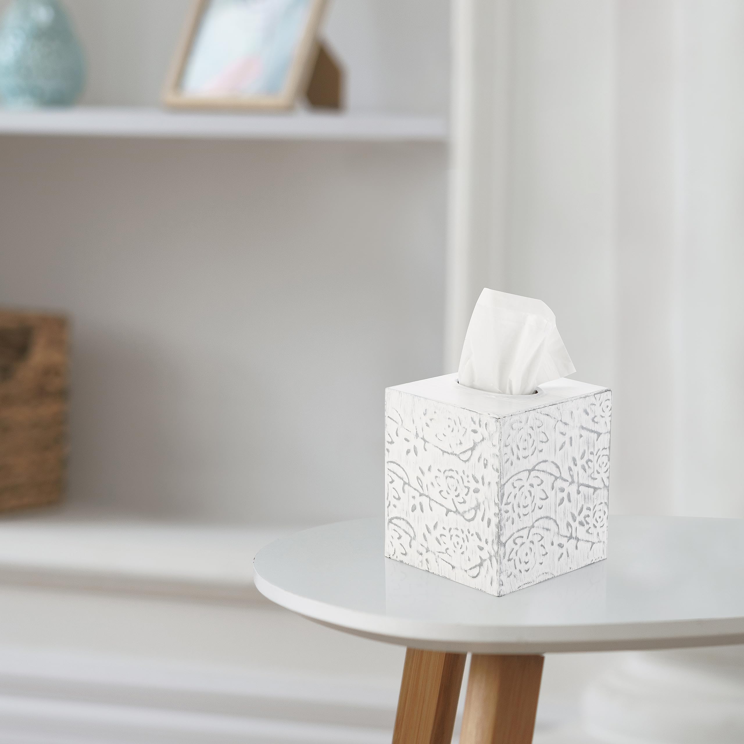 Modern Farmhouse Tissue Box Cover, Decorative Tissue Box Holder, Square Tissue Box Cover, Country Chic Distressed White Tissue B