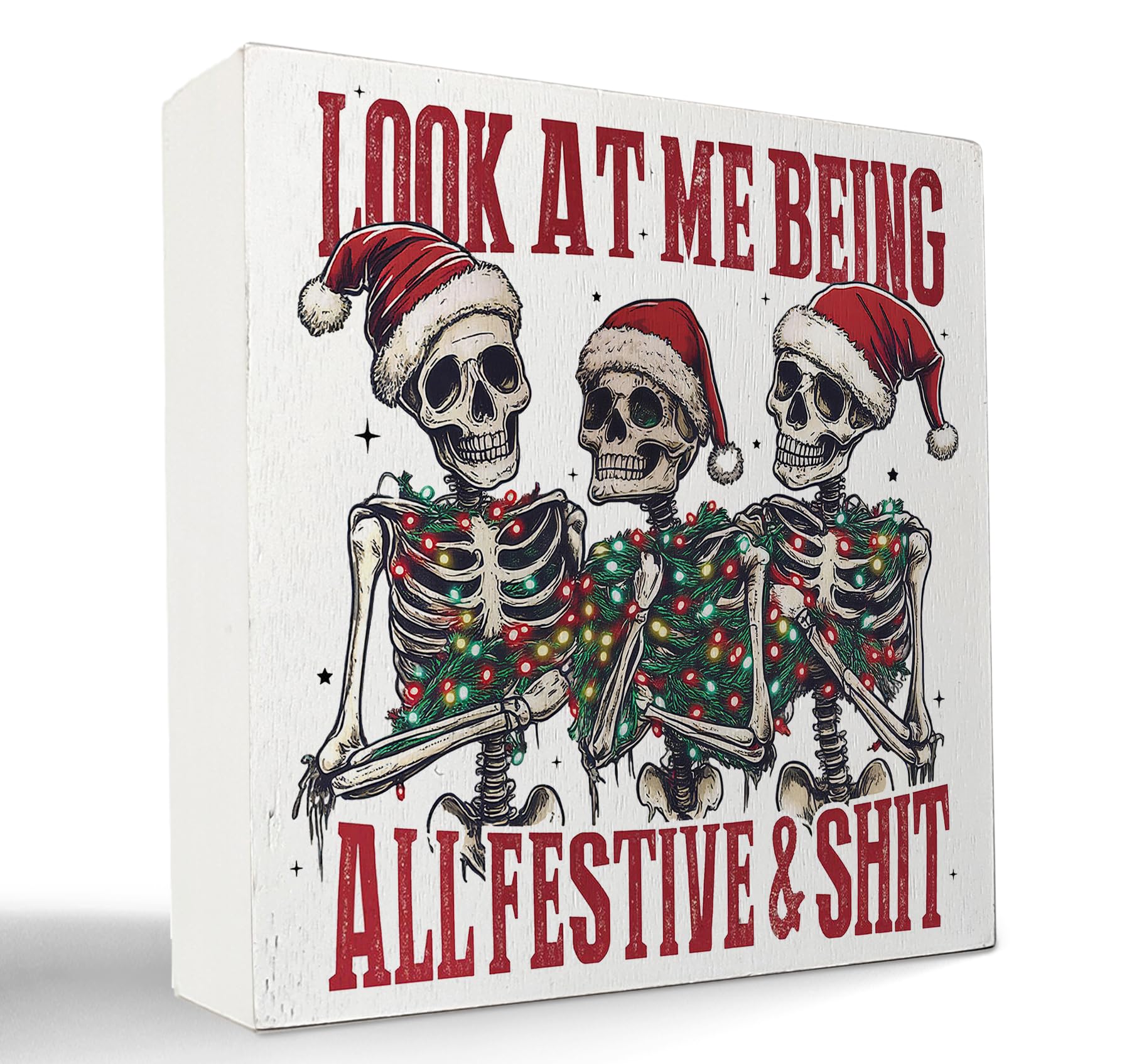 kunlisa Funny Christmas Skeleton Wooden Sign, Gothic Christmas Decor, Sarcastic Halloween Xmas Skeleton Holiday Wood Box Sign fo